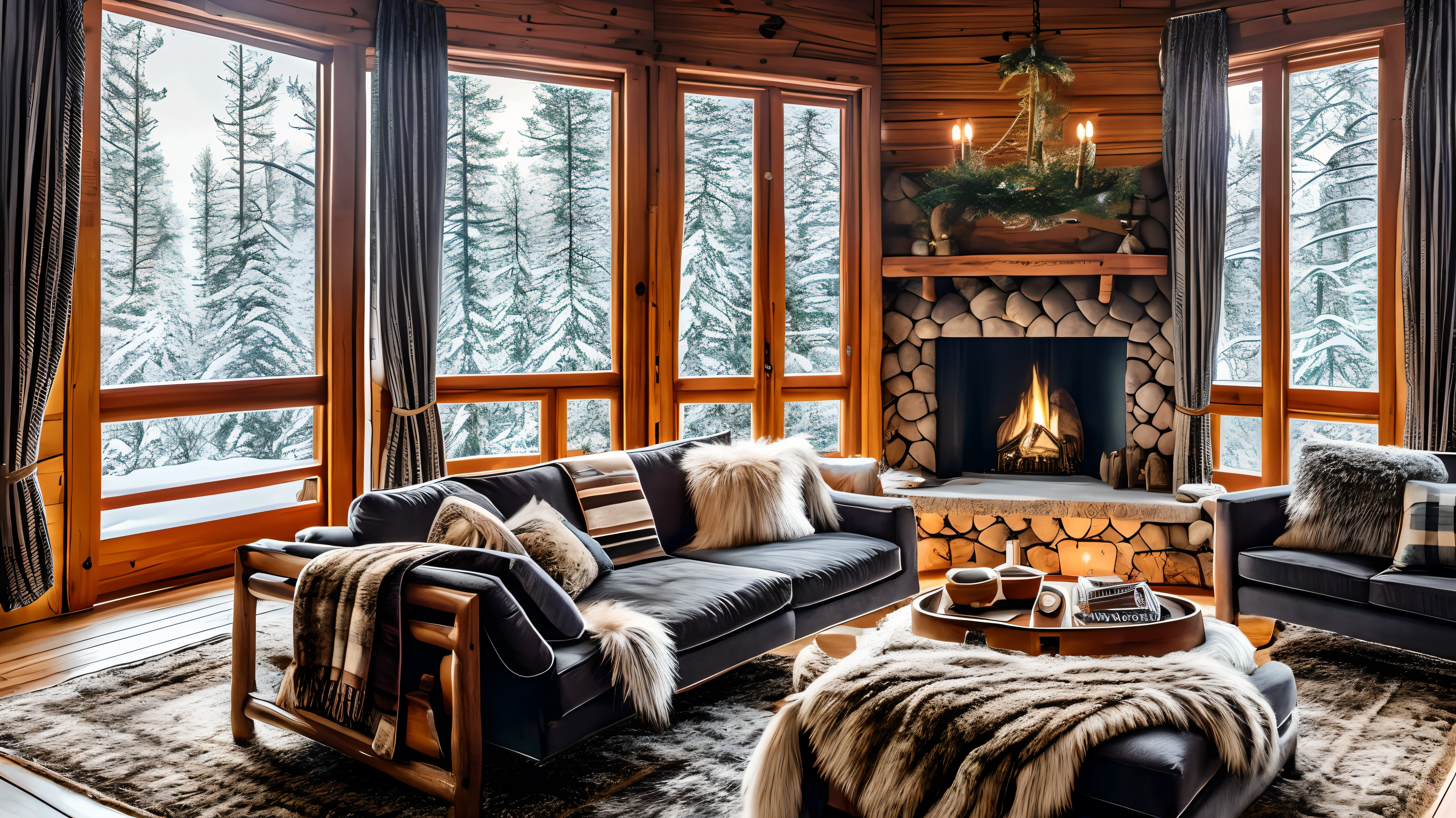 a dreamhouse cabin, in the woods, interior design, cozy, couch, throw blankets, fur rug, large windows, vogue editorial, HD, 8k, realism, realistic, photo realistic, hyper detailed, --auto --s2