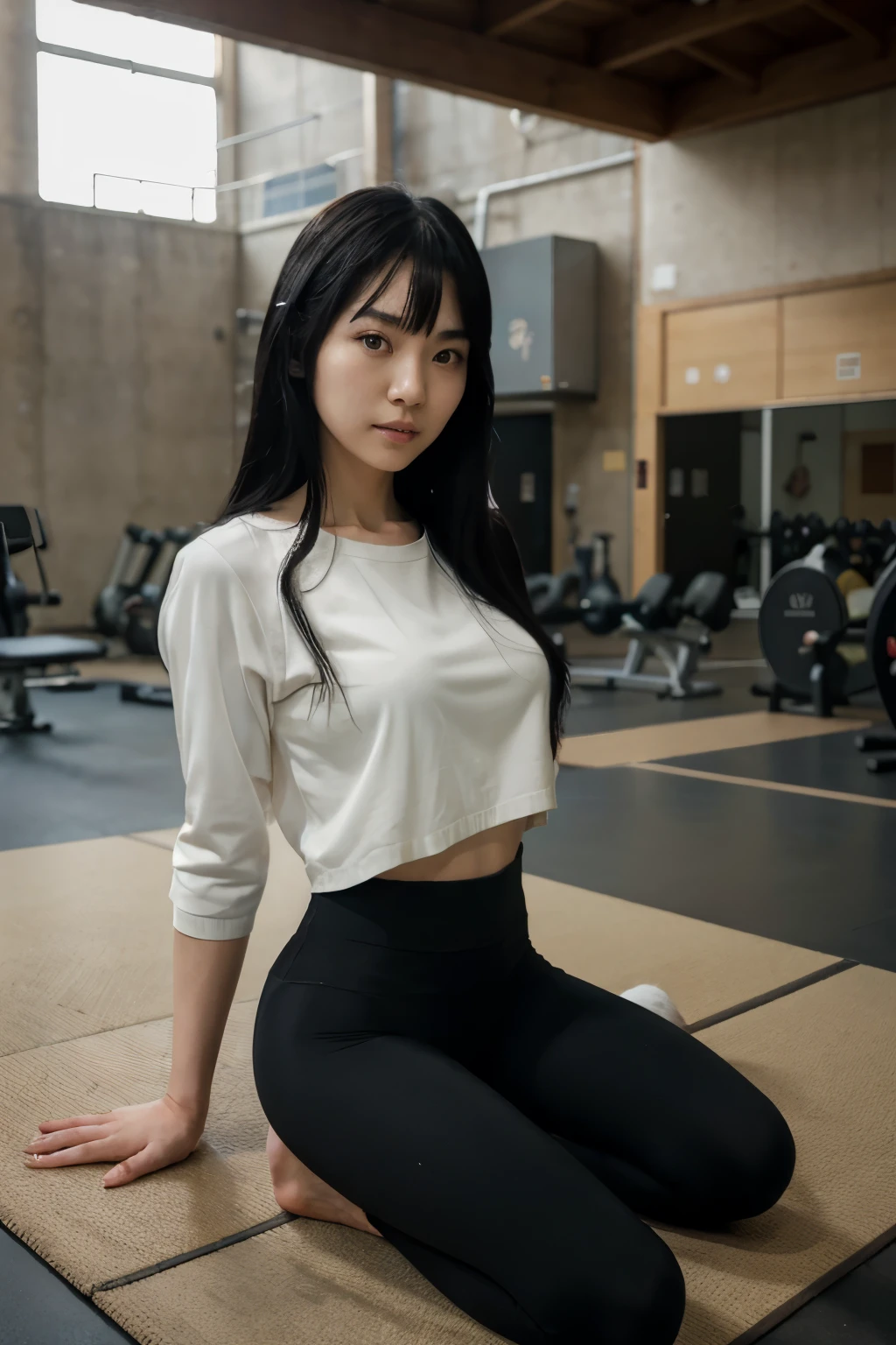 Super detailed Japanese anime girl in high resolution sitting on the floor of a well-made and super incredible gym, a Japanese woman in leggings and a blouse with long black hair and cat eyes