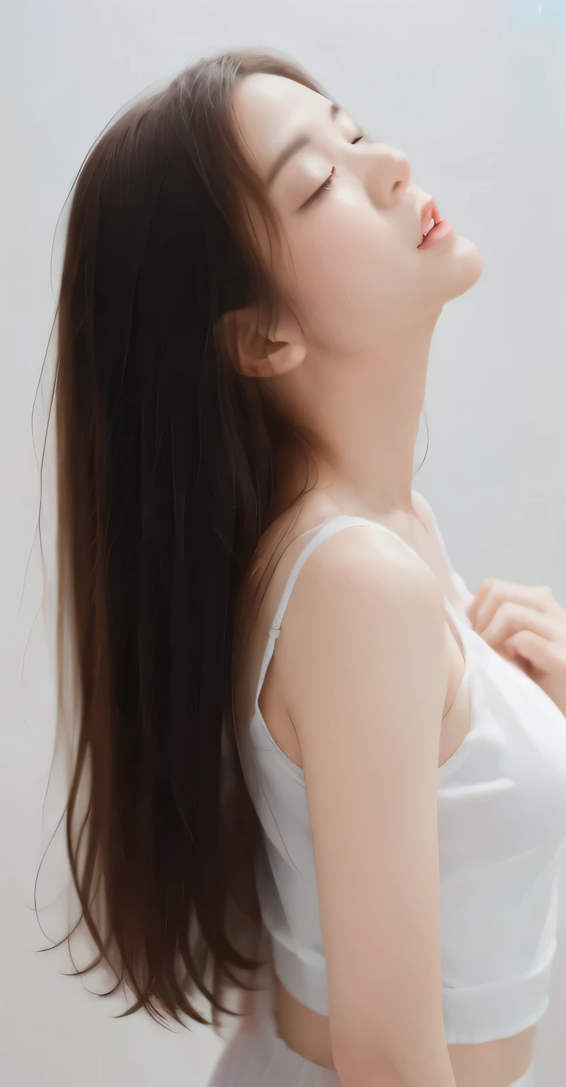 8yk、Raw photo、(masuter piece)、(top-quality)、Hi-Res、(Close eyes):1.5, (Open mouth):1.5 Real numbers、((Looking Up))(1girl )、(realisitic、Photorealsitic:2.0), Upper body、Ponytail,Sleeveless、skinny、18years、small tits、Eyes closed、Deep sadness、Sorrow、look up sky、Open mouth、Bedrooms、Background blur