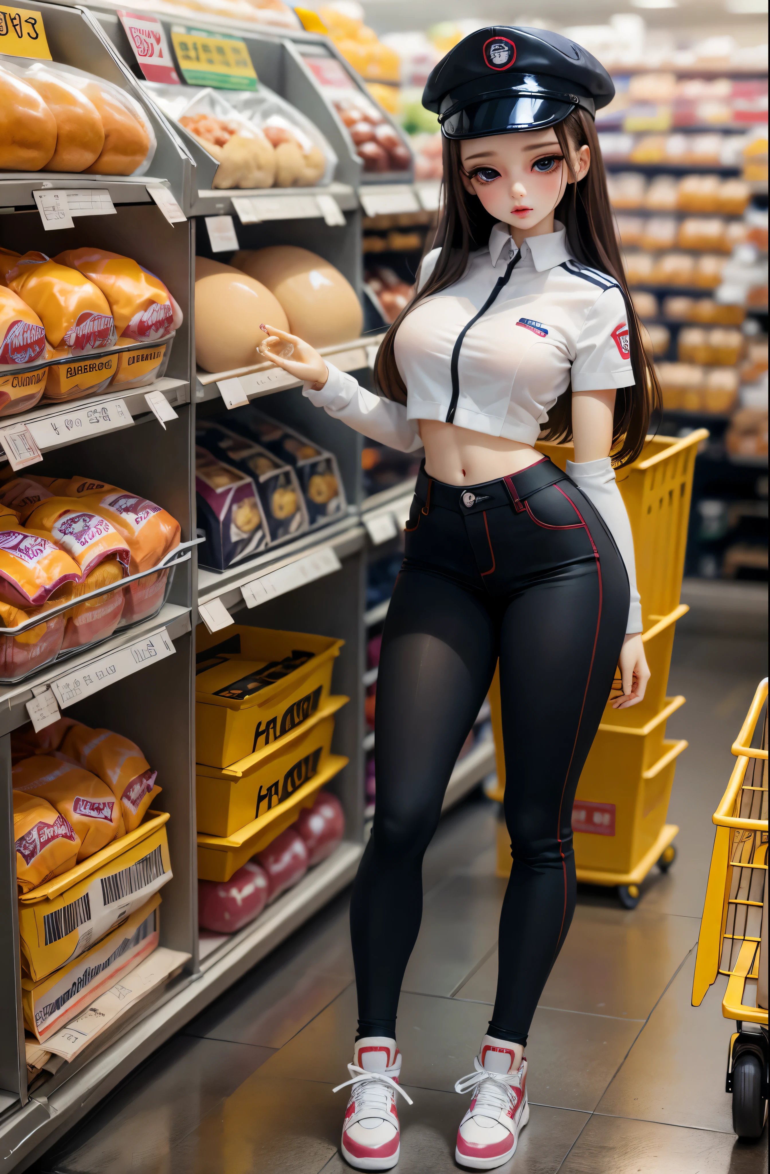 Beautiful and cute ball joy doll., Wearing a JK uniform, Charming poses, in the supermarket cart.