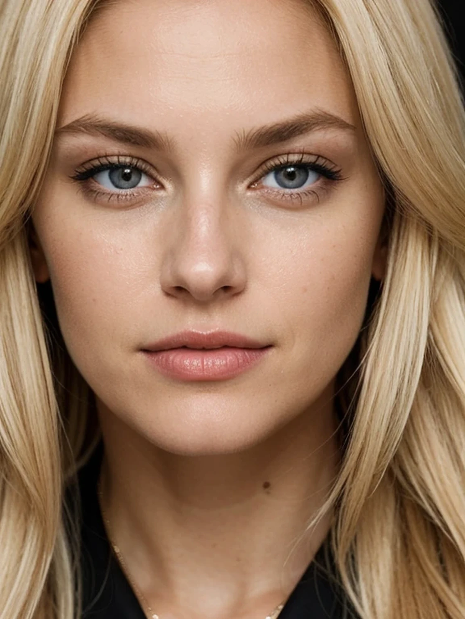 Eye contact of a american woman with blonde hair and a dark them