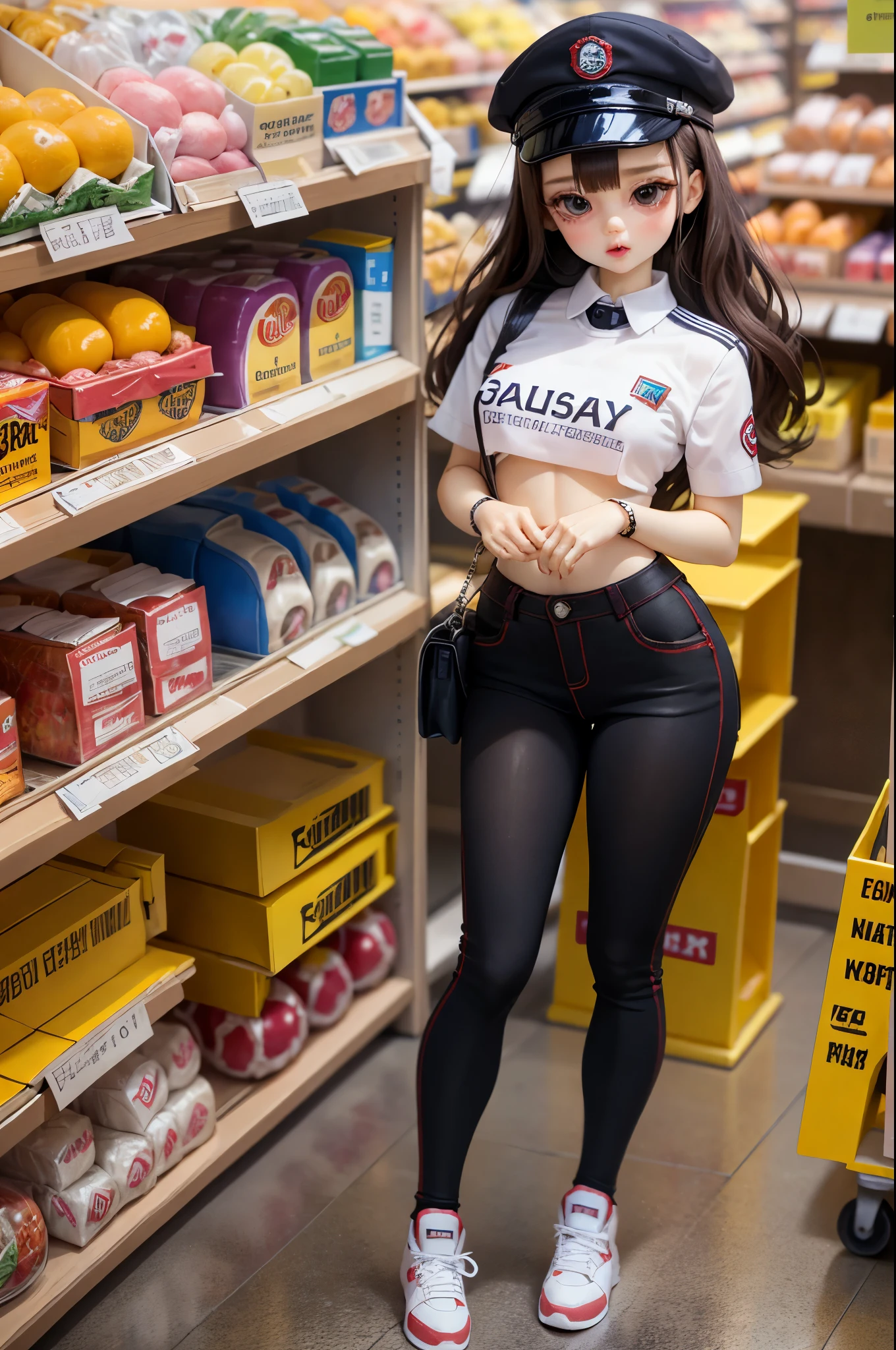 Beautiful and cute ball joy doll., Wearing a JK uniform, Charming poses, in the supermarket cart.