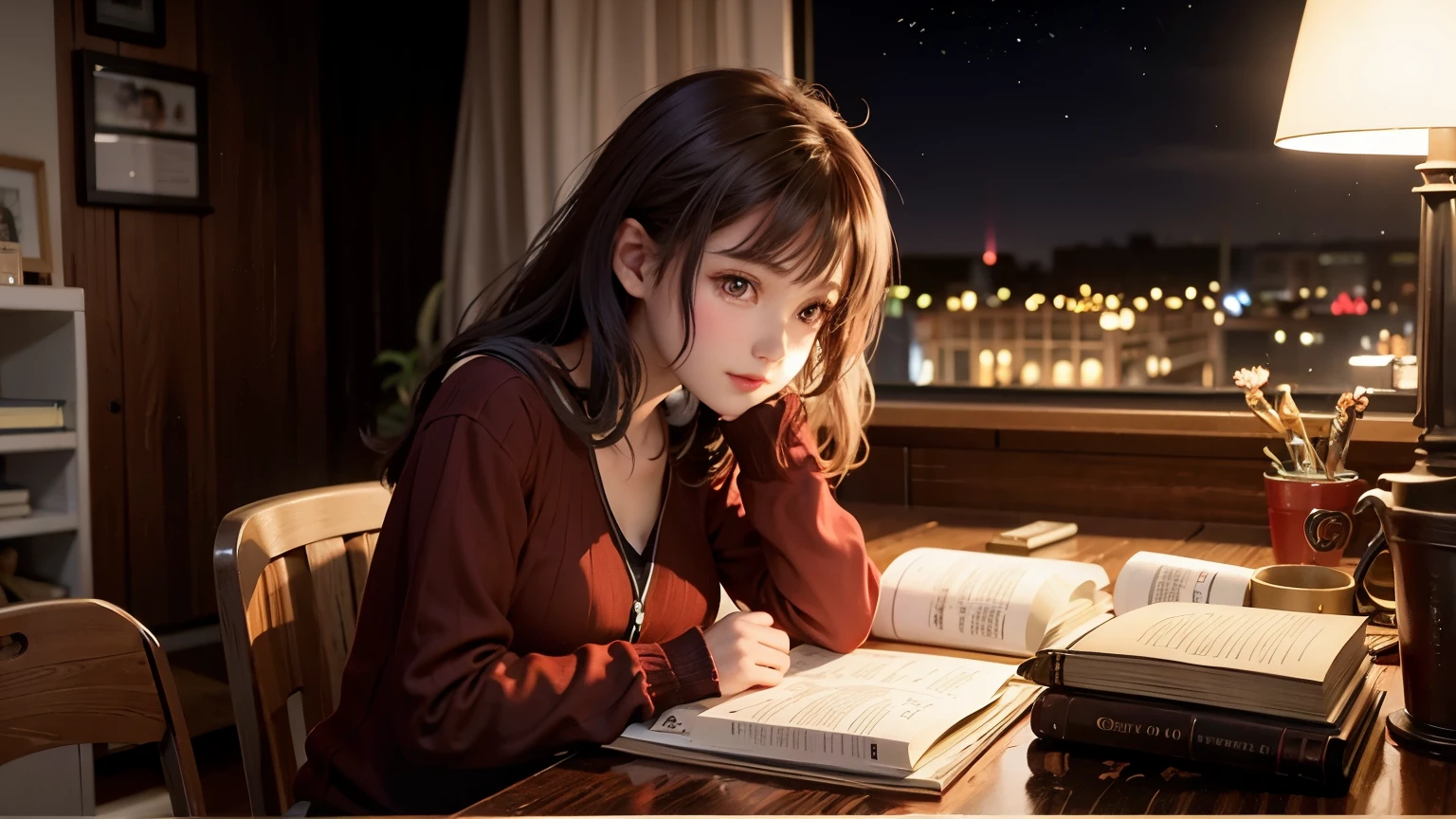 a girl, nice face, 20 years old, sitting in a room, reading a book, lamp on the table, book on the table, girl reading a book, amine style photo, super realistic, beautiful photo, 16 : 9 ratio