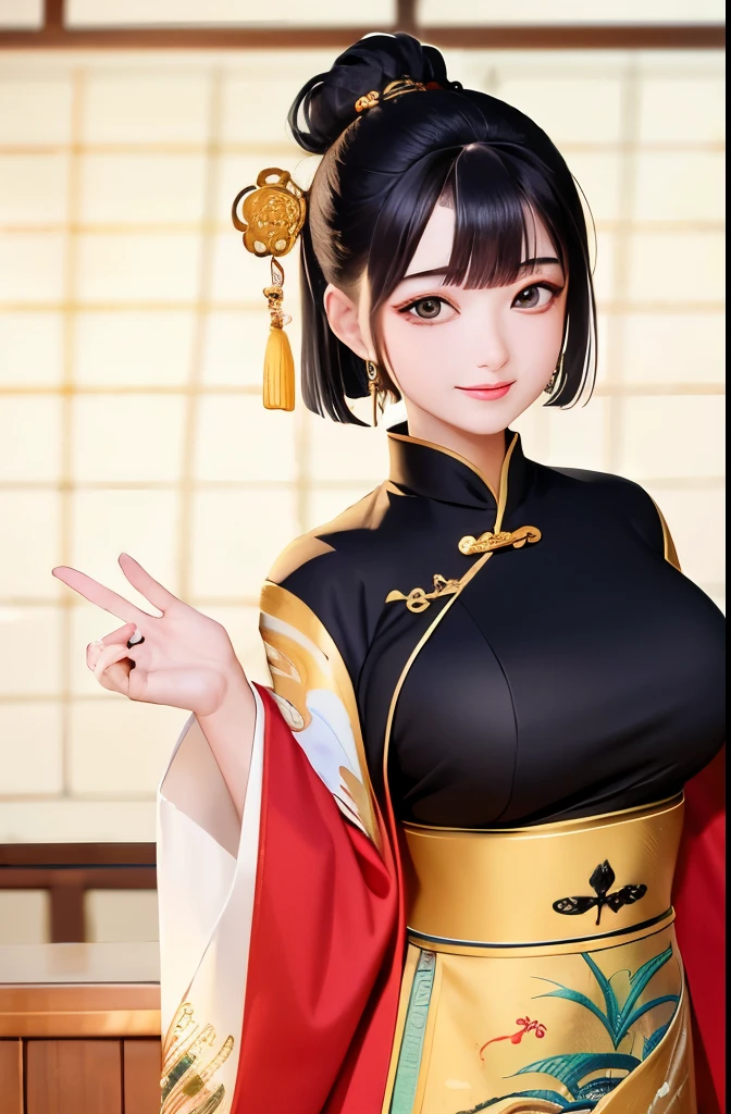 (masterpiece:1.2), (best quality:1.2), perfect eyes, perfect face, volumetric lighting, 1girl, mature female wearing edghanfu, edghanfu, short black hair, top knot, black and gold clothes, smiling,  hands joined in front, green eyes, huge breasts, tight fit, floral pattern, fish pattern, silk, embroideries, long nails, makeup, thick eyelashes, rings, standing in a chinese garden, detailed background, midday  