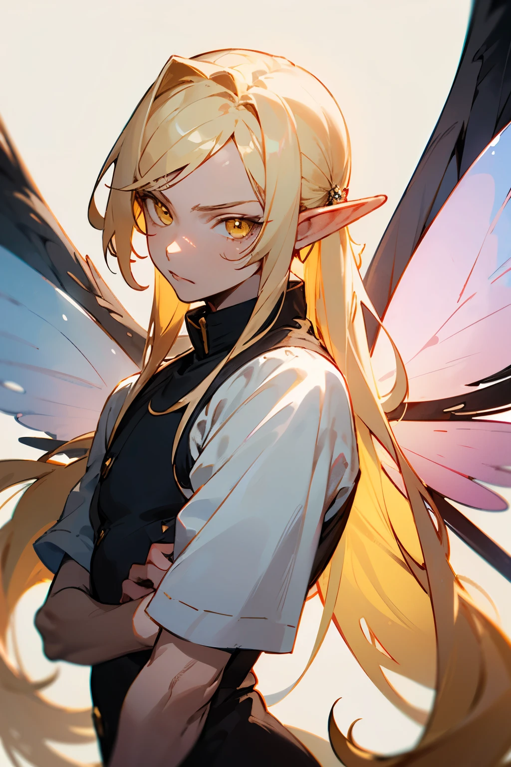 fairy wings, elf, lean, male, edgy, very pale blonde hair, and yellow eyes. very long high pony tail, very anime, beautiful, and bright,long bangs, symmetrical, 1person, iridescent, bright, guy, very detailed, manly face, masterpiece, best quality,1 person