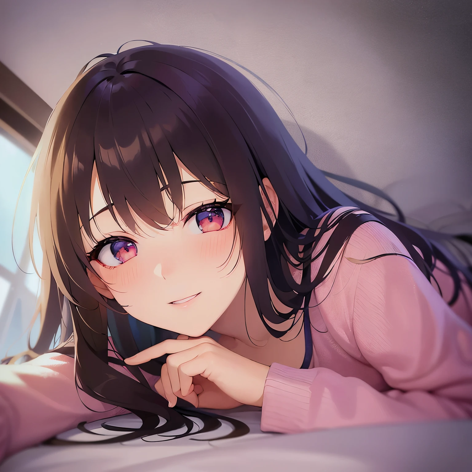 Shooting from below, cinematic angle, looking down, (Placing hand on face:1.2), real person, RAW photo, photorealistic, portrait photography, shiny skin, japanese idol、A 25-year-old woman with bright chestnut bangs.、(long wavy hair) and (pink eyes), (wearing pajamas:1.2), (smile:1.3), (nose blush:1.1), The background is the bedroom、ceiling、Alone