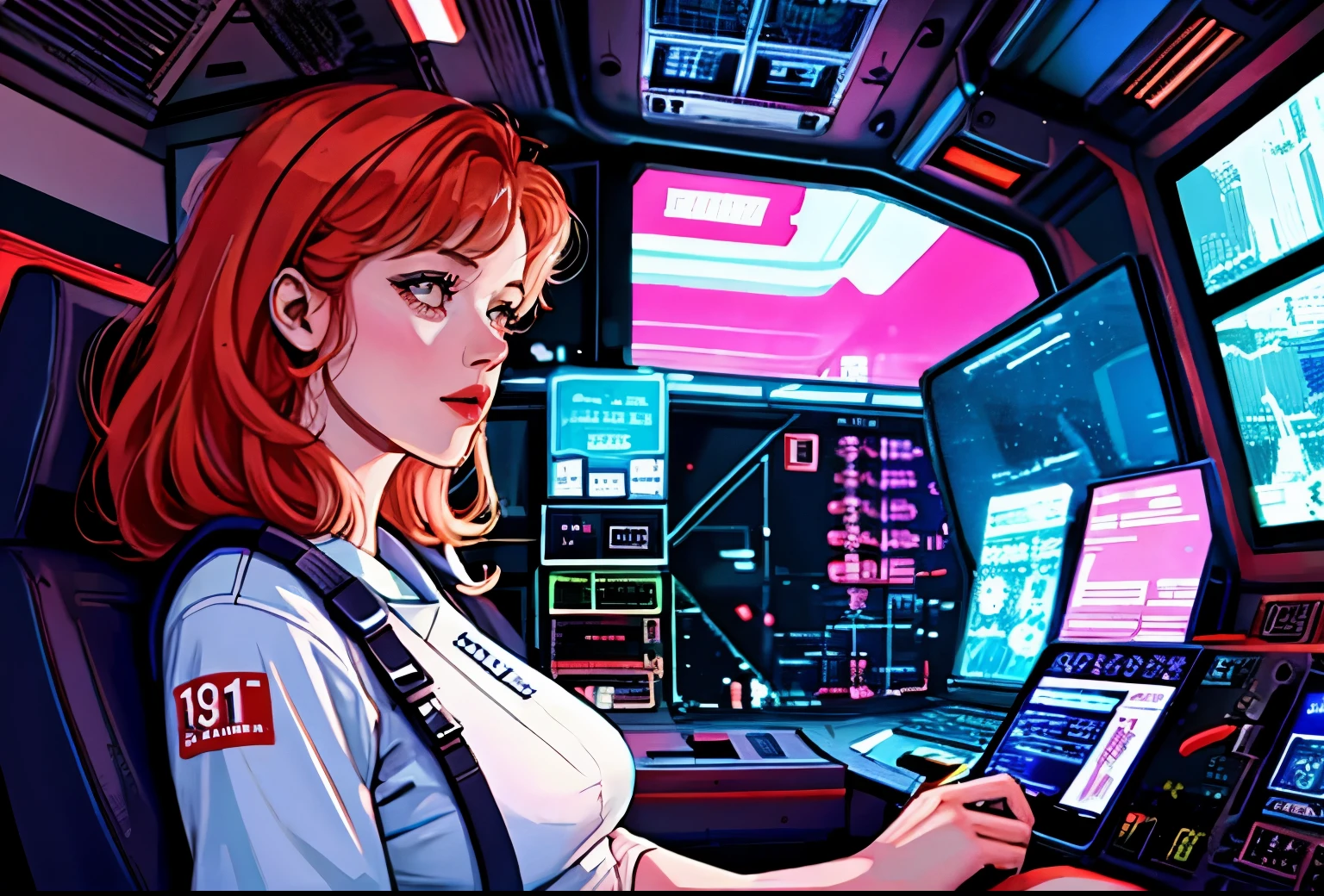 a close-up of a person sitting on a space station, Laurie Greasley, arte lofi, in style of Laurie Greasley, Laurie Greasley and james jean, no estilo da arte sci-fi dos anos 80, arte lofistyle, sci-fi illustrations, sci - fi illustrations, lofi vibes, garota lofi, just a joke