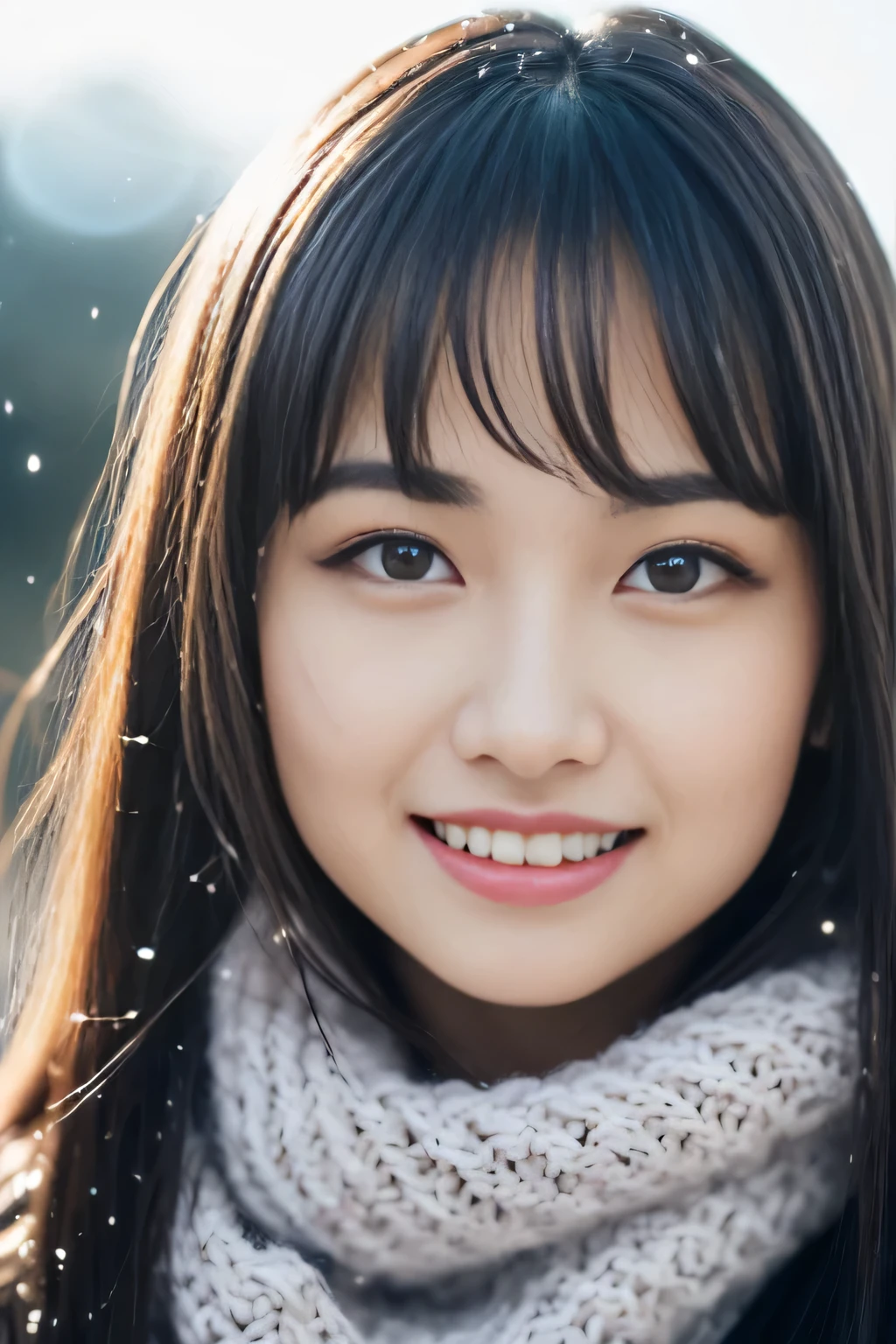 ((Show only the face、close up of face、no makeup))、(realistic、Photoreal、Super detailed、best detailed skins、highest quality、masterpiece、ultra high resolution)、cute japanese woman、17 years old、high school girl、young girl、1 girl、have bangs、double eyelid、drooling eyes、big black eyes、Japanese style face、smile、Charm、purity、clean face、double teeth、watch here、realistic肌タイプ、thick muffler、Grey muffler、fluffy hair、((hair is inside the scarf:1.3))、red cheeks、the wind is blowing、that&#39;It&#39;s snowing、illumination、Light is coming in from behind