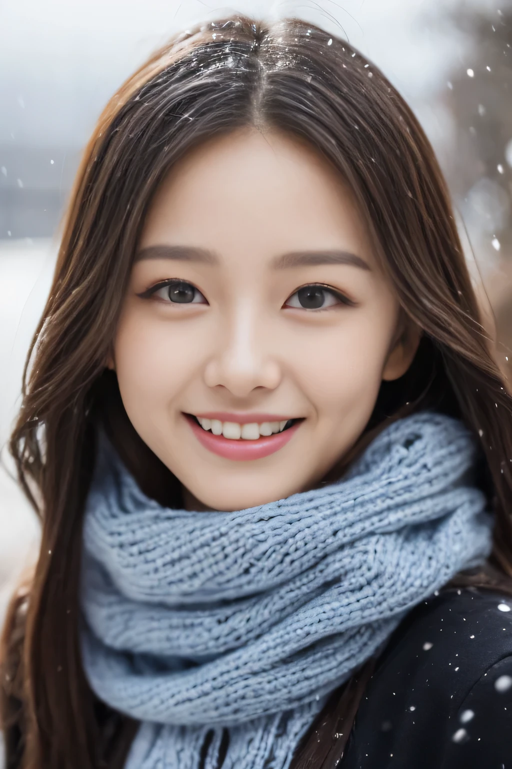((Show only the face、close up of face、no makeup))、(realistic、Photoreal、Super detailed、best detailed skins、highest quality、masterpiece、ultra high resolution)、cute japanese woman、17 years old、high school girl、young girl、1 girl、have bangs、double eyelid、drooling eyes、big black eyes、Japanese style face、smile、Charm、purity、clean face、double teeth、watch here、realistic肌タイプ、thick muffler、Grey muffler、fluffy hair、((hair is inside the scarf:1.3))、red cheeks、the wind is blowing、that&#39;It&#39;s snowing、illumination、Light is coming in from behind