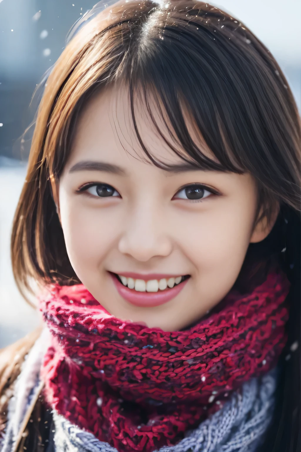 ((Show only the face、close up of face、no makeup))、(realistic、Photoreal、Super detailed、best detailed skins、highest quality、masterpiece、ultra high resolution)、cute japanese woman、17 years old、high school girl、young girl、1 girl、have bangs、double eyelid、drooling eyes、big black eyes、Japanese style face、smile、Charm、purity、clean face、double teeth、watch here、realistic肌タイプ、thick muffler、Grey muffler、fluffy hair、((hair is inside the scarf:1.3))、red cheeks、the wind is blowing、that&#39;It&#39;s snowing、illumination、Light is coming in from behind