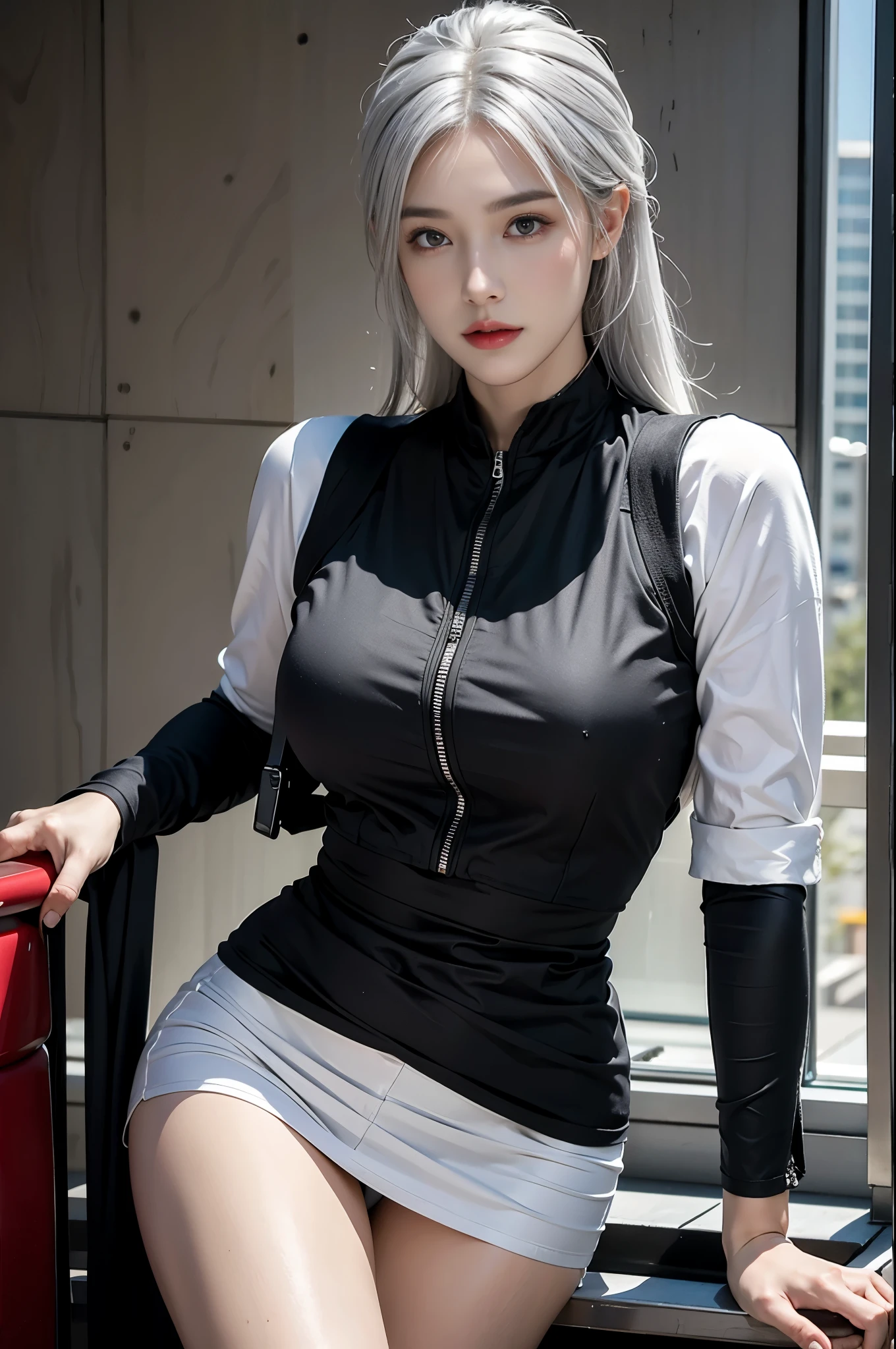 Photorealistic, high resolution, 1womanl, Solo,  up, view the viewer, (Detailed face), White hair, SWAT vests, Gun, jewelry