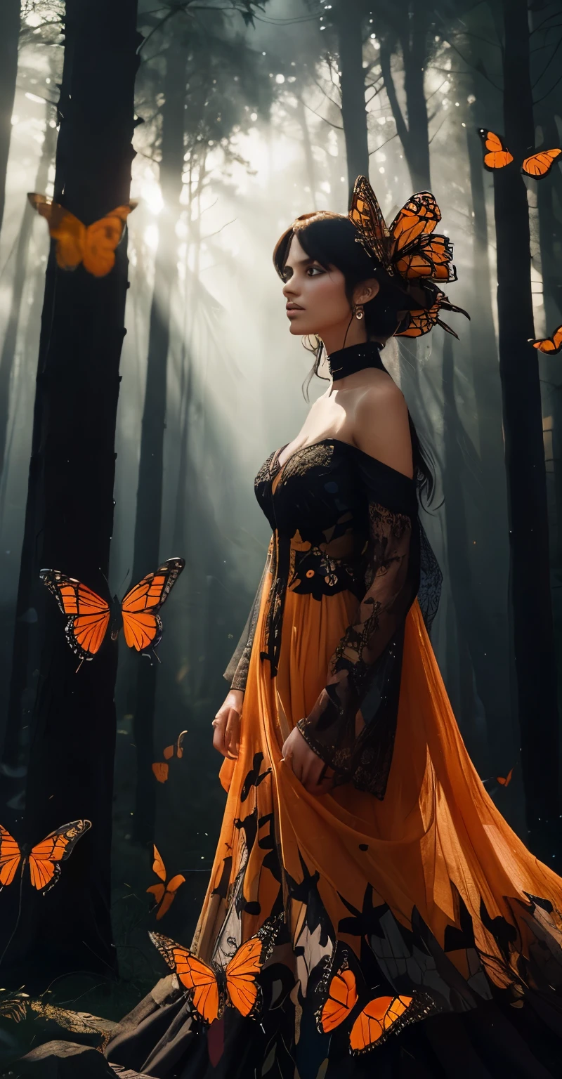 Beautiful dark haired woman covered entirely by millions of Monarch orange black and red butterflies like a second skin a gossamer dress that is almost part of her, covered in butterflies, as if they are coming out of her chest her heart, dappled sun beams through the pine fir forest, hyperdetailed, 64k resolution, Kodak resampled film grain,(((naturally interacting with the environment:1.5))),(((seamless:1.5))),((strong environmental light)),((hard shadows)),(merge realms of the extreme punk in a tapestry of dualities),enigmatic beings with ethereal silhouettes,digital dreamscape.Illuminate the scene with the pulse of a celestial bloom,(casting hues that bridge both cosmic and cybernetic realms).(Blend brushstrokes harmoniously),fusing elements of traditional artistry with glitched fragments of a pixelated mosaic.Embrace asymmetry,where the organic and the synthetic collide in a dynamic composition.(Infuse a shifting timeless vibrant palette).Integrate augmented reality surprises. by Da Vinci