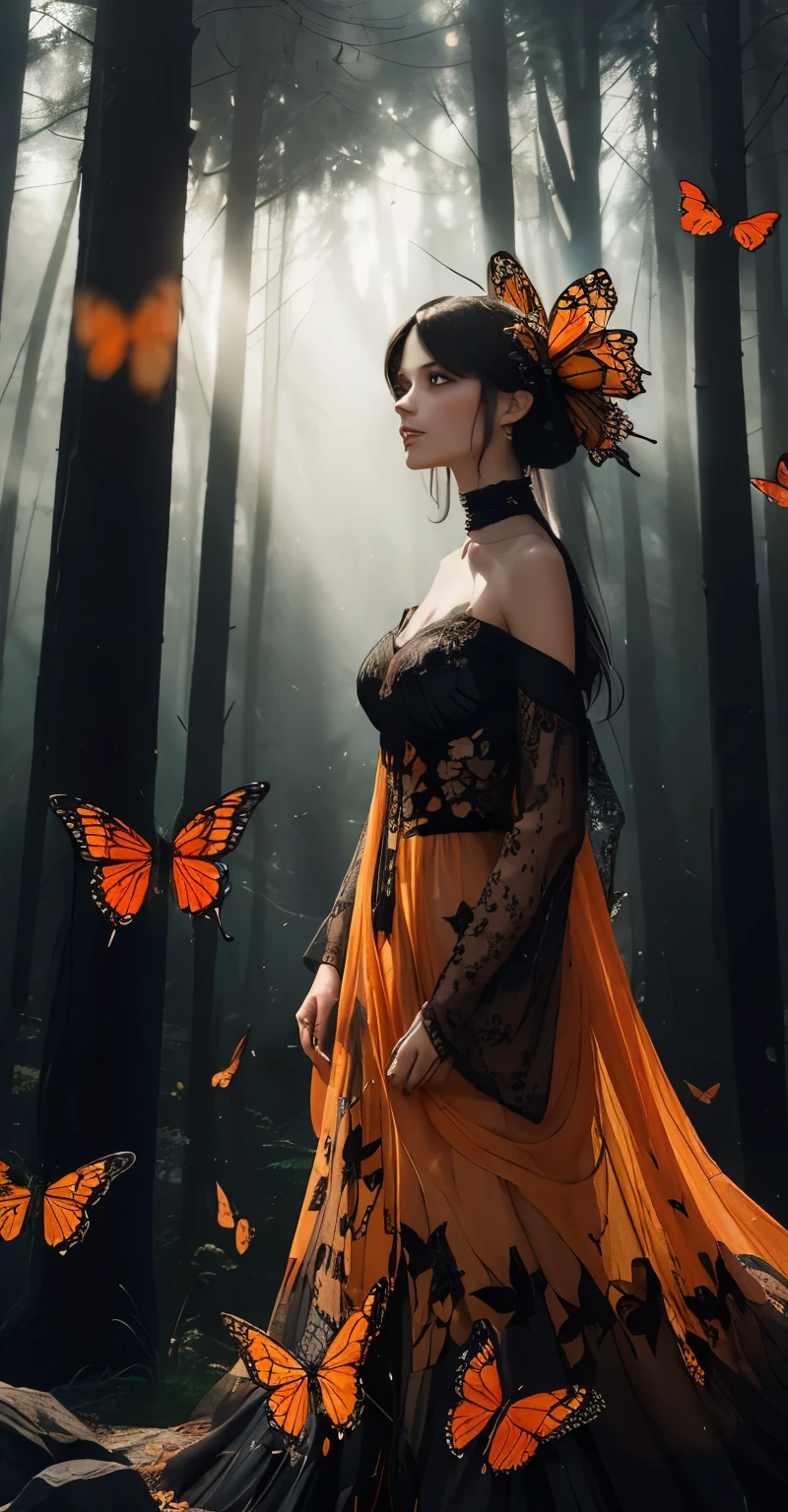 Beautiful dark haired woman covered entirely by millions of Monarch orange black and red butterflies like a second skin a gossamer dress that is almost part of her, covered in butterflies, as if they are coming out of her chest her heart, dappled sun beams through the pine fir forest, hyperdetailed, 64k resolution, Kodak resampled film grain,(((naturally interacting with the environment:1.5))),(((seamless:1.5))),((strong environmental light)),((hard shadows)),(merge realms of the extreme punk in a tapestry of dualities),enigmatic beings with ethereal silhouettes,digital dreamscape.Illuminate the scene with the pulse of a celestial bloom,(casting hues that bridge both cosmic and cybernetic realms).(Blend brushstrokes harmoniously),fusing elements of traditional artistry with glitched fragments of a pixelated mosaic.Embrace asymmetry,where the organic and the synthetic collide in a dynamic composition.(Infuse a shifting timeless vibrant palette).Integrate augmented reality surprises. by Da Vinci