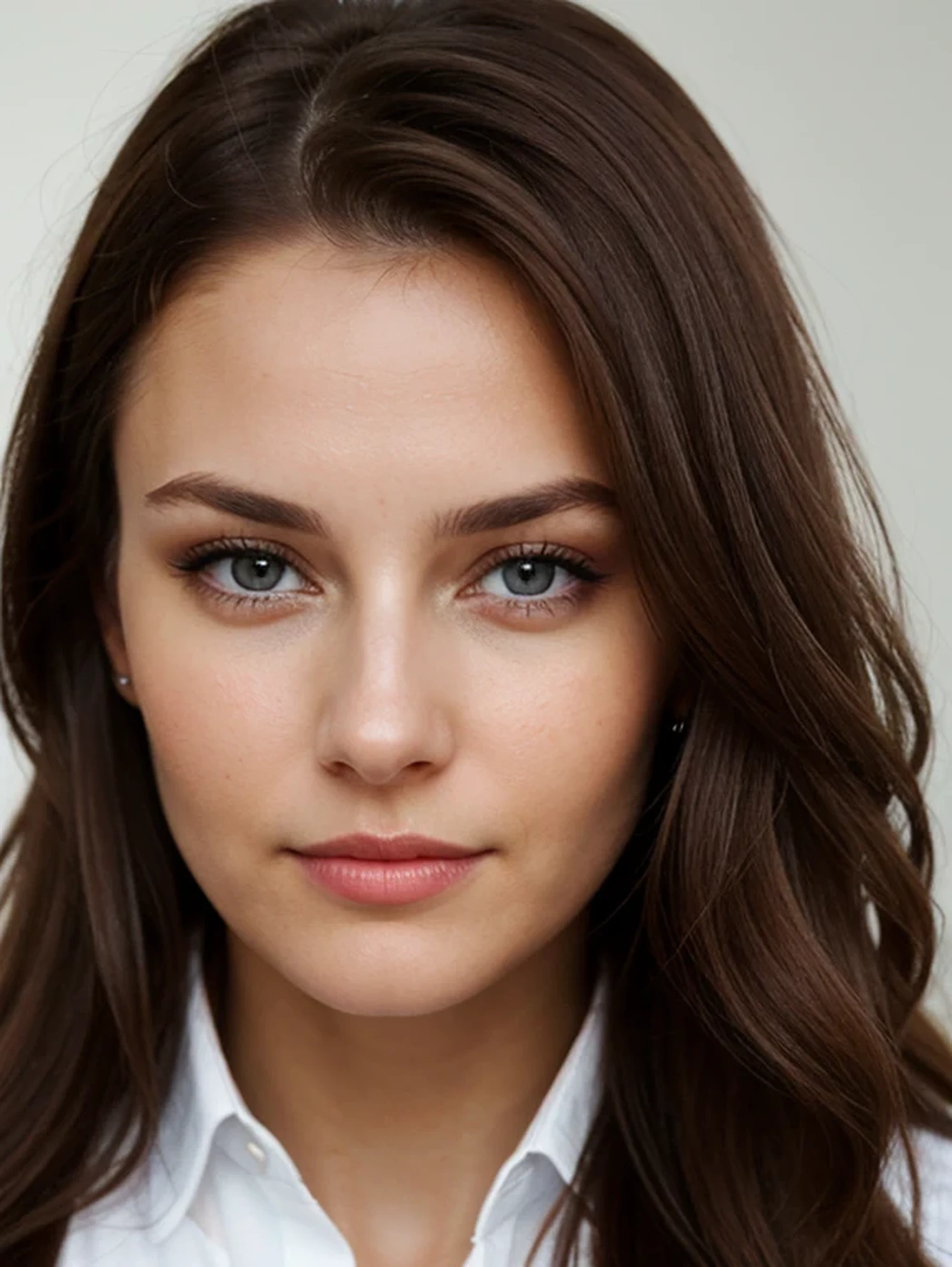 Eye contact of a Russia woman with brown hair and a dark them