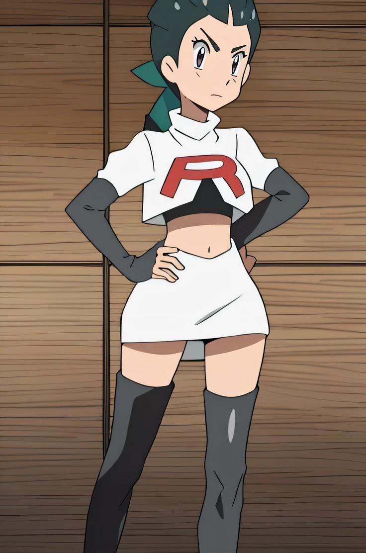masterpiece, best quality, highres,team rocket uniform, red letter r, white skirt, white crop top, black thigh-high boots, black elbow gloves, glaring angrily, looking at viewer, hands on hips, full body seen, zettai ryouiki