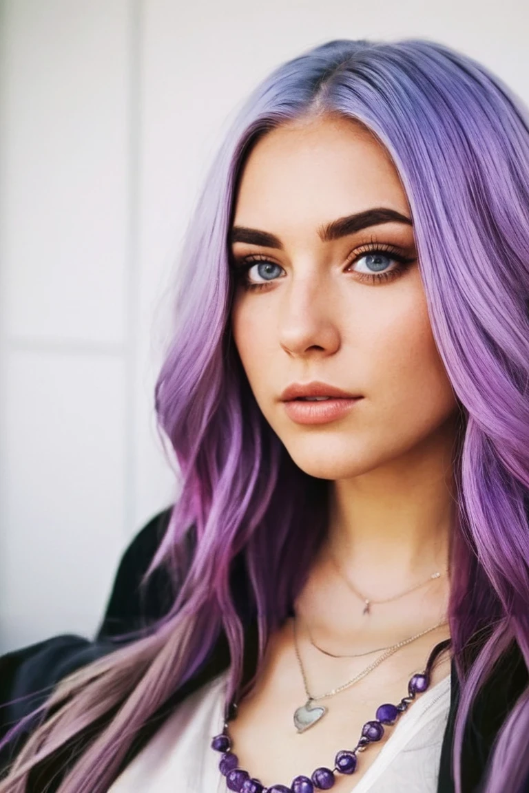 a close up of a woman with purple hair and a necklace, purple hair portrait of woman, lilac hair, purple hair, colored hair, lavender hair, violet hair, she has purple hair, dyed hair, color portrait, colorful hair, pastel hair, flowing purple hair, purple long hair, long purple hair, long wavy purple hair, long light purple hair