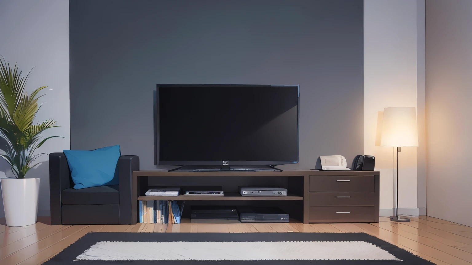 
The background is the living room at night、illumination、tv set、sofa