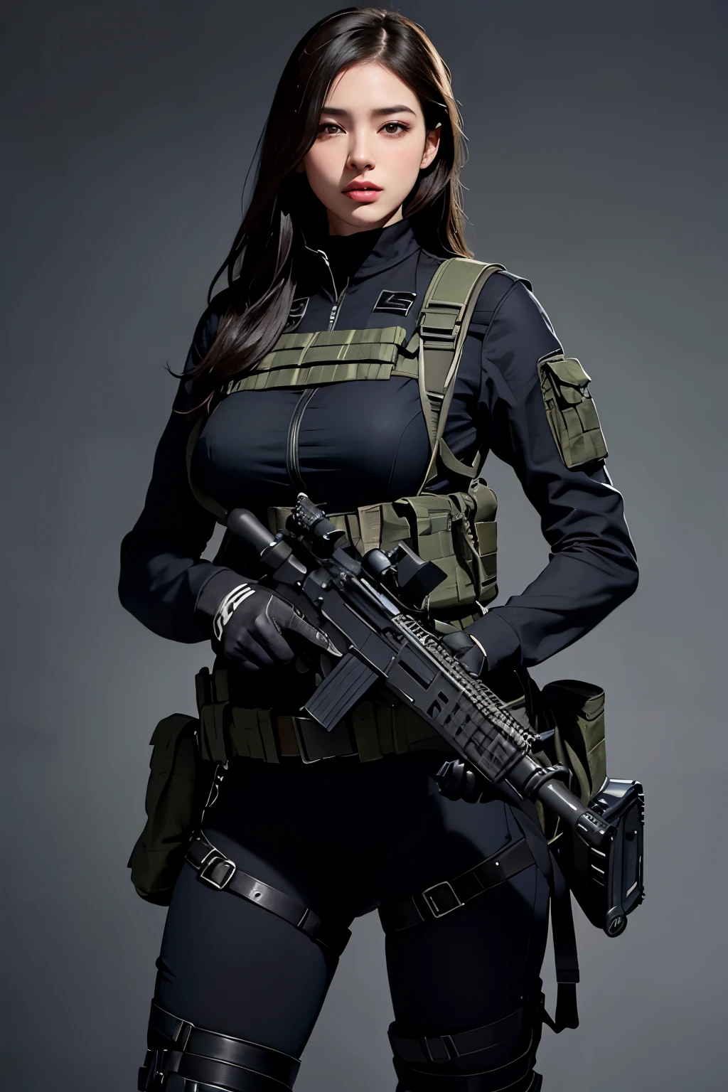 1girl, (photorealistic)++, beautiful lighting, masterpiece++, best quality++, realistic, full body portrait, real photo, intricate detail, depth of field, 1 girl, A soldier girl black hair sniper rifle handle, black military uniform, bulletproof vest, holding an assault rifle, m16, inside the city, very detailed, perfect face, black eyes, lips, wide hips, waist small, tall, makeup, Fujifilm XT3, epic professional photography by Ed Blinky, Atey Ghailan, Studio Ghibli, by Jeremy Mann, Greg Manchess, Antonio Moro, trending on ArtStation, trending on CGSociety, Intricate , High Detail , Sharp focus, impressive, realistic art by midjourney and greg rutkowski, RAW image, 8k uhd