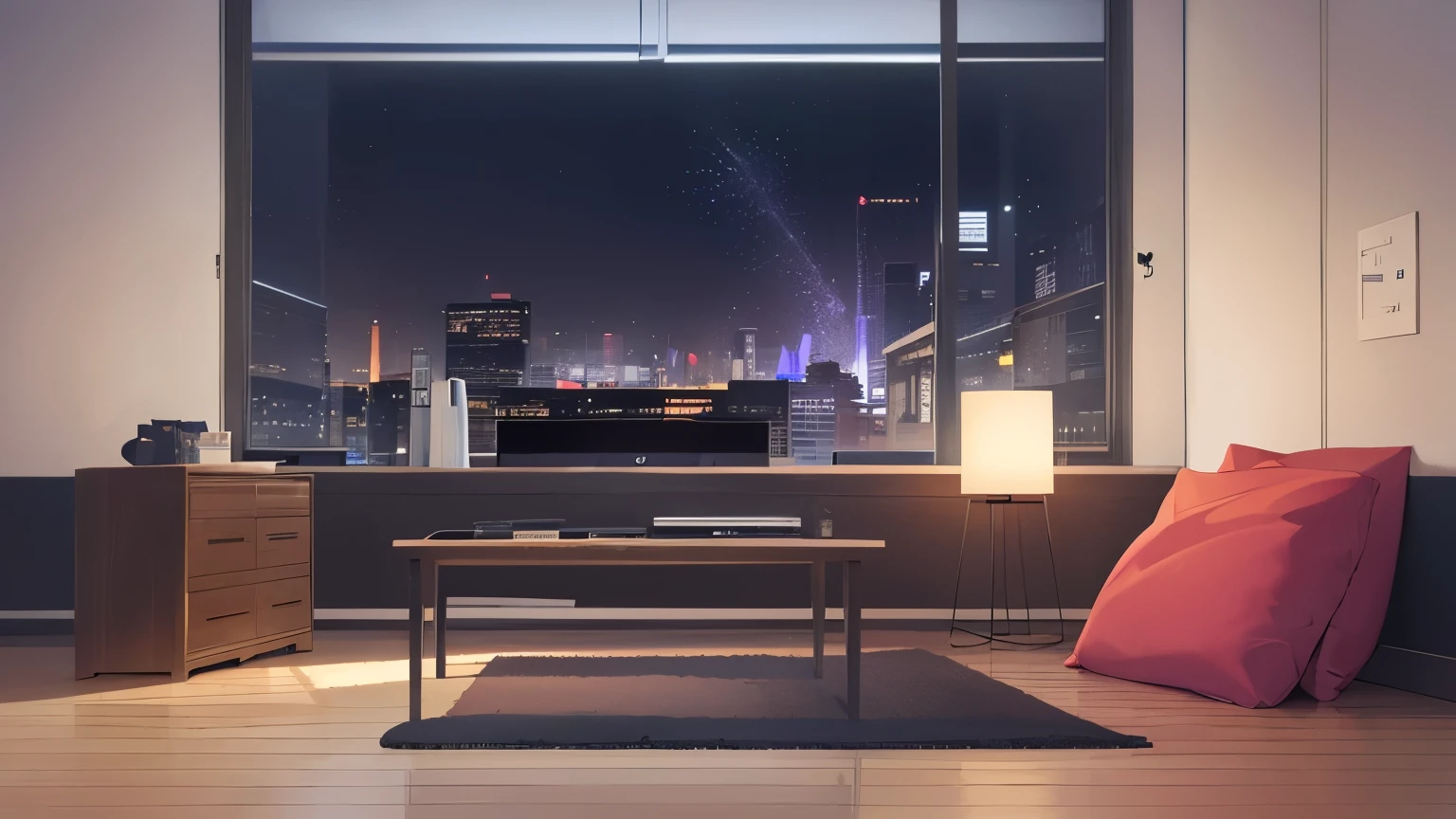 The background is the living room at night、illumination、tv set、sofa