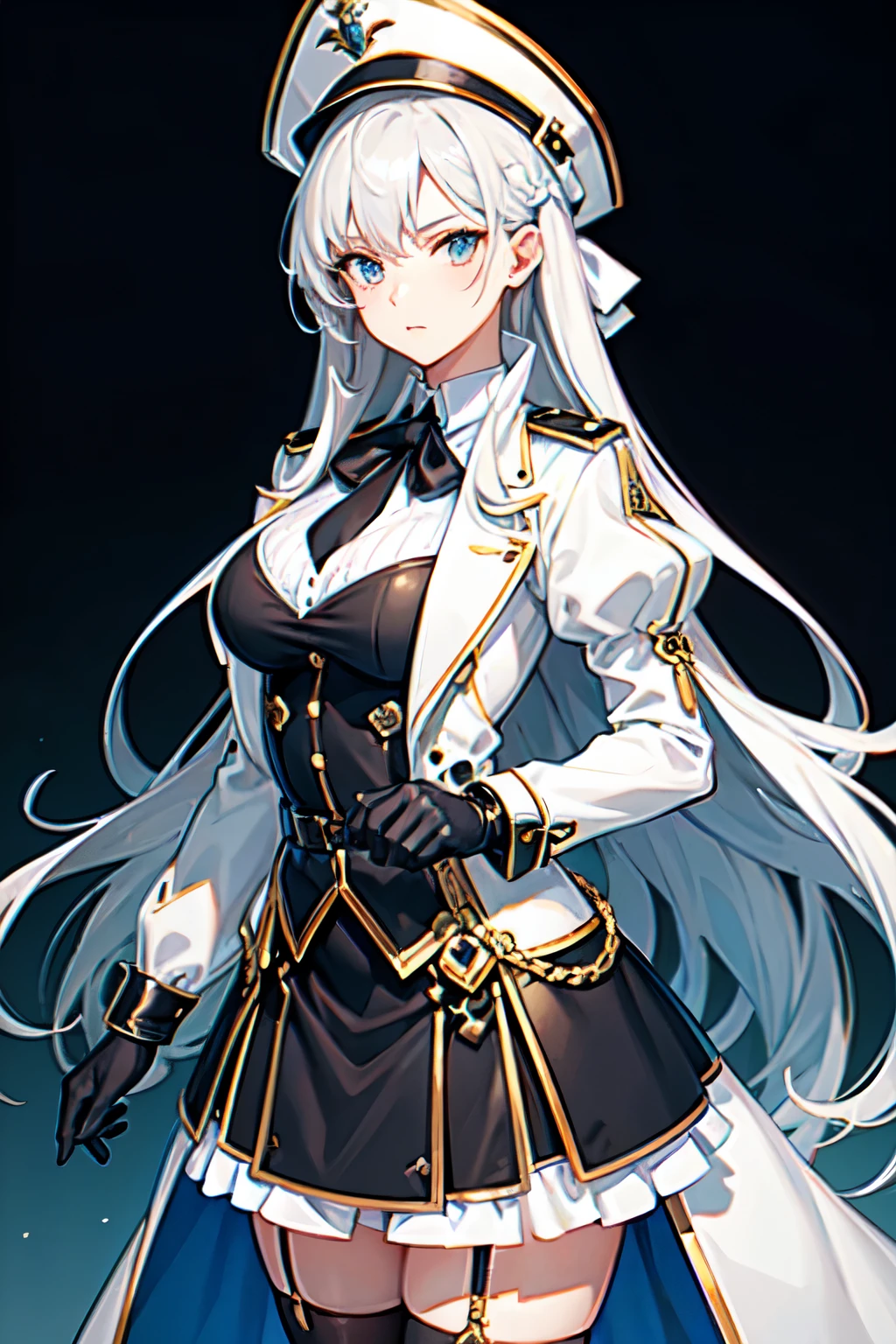 (masterpiece), best quality, mature, woman, musketeer, white long hair, silver eyes, serious expression, techwear, coat, tight white blouse, tricorne hat, ((close shot)), belt, short skirt, stockings, (ultra detailed), (masterpiece), (highres), (original), (extremely detailed CG unity 8K wallpaper)
