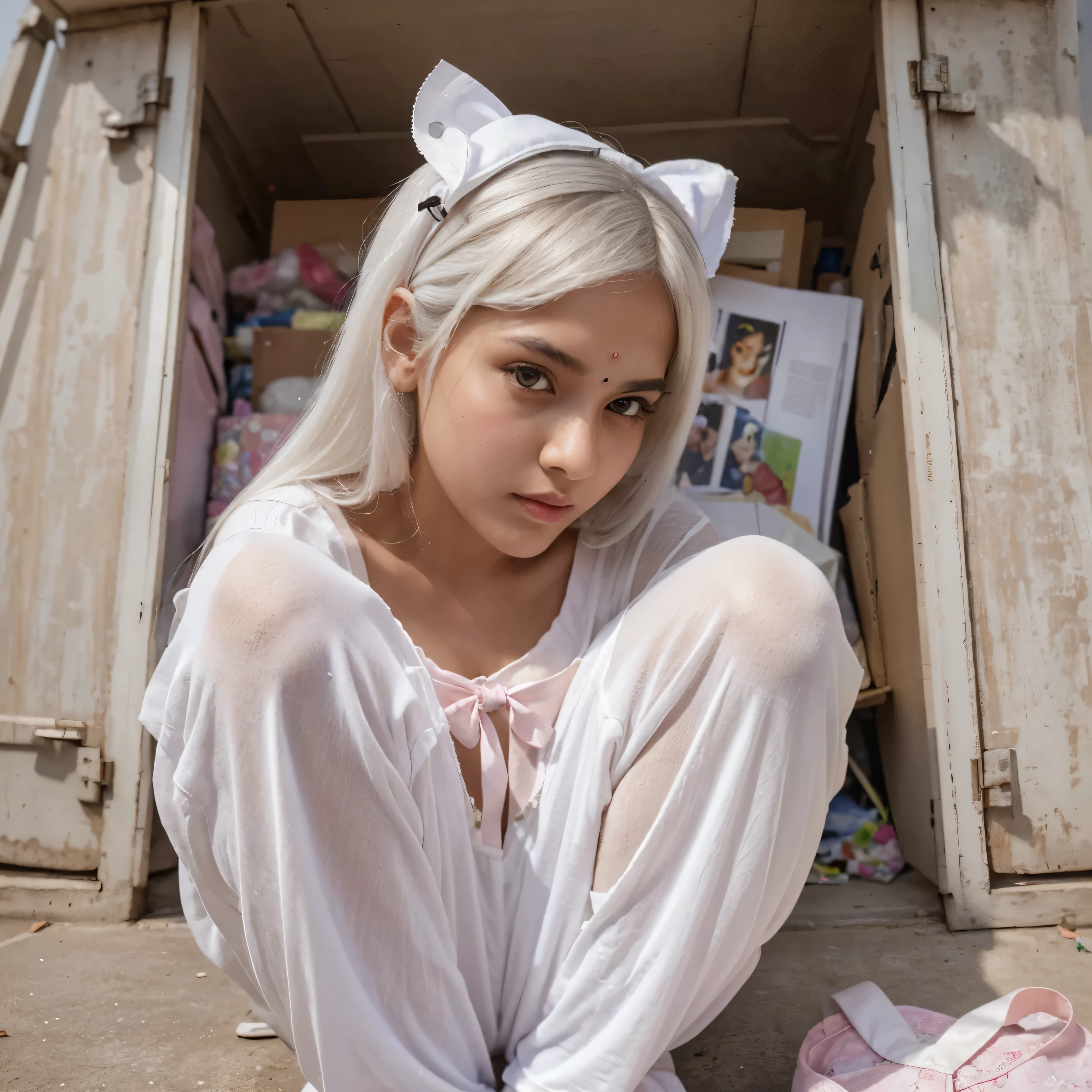 Masterpiece, best quality, super detailed, illustration, beautiful sumitsingh19529@gmail.com detailed eyes, close up, a girl. It is white hair, pink bow, white pajamas. Squat on the ground and rummage through the clothes basket