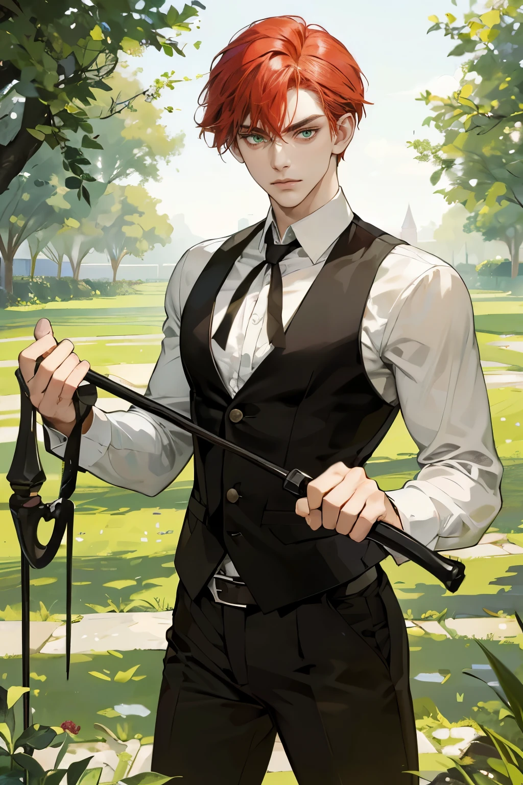 1 boy, handsome male, handsome face, red hair, green eyes, perfect male body, glaring, holding a whip in his hand, serious expression, tsundere, standing in garden, white shirt, black vest, showing chest and clavicle, uper body, best quality, amazing quality, very aesthetic, absurdres, masterpiece,