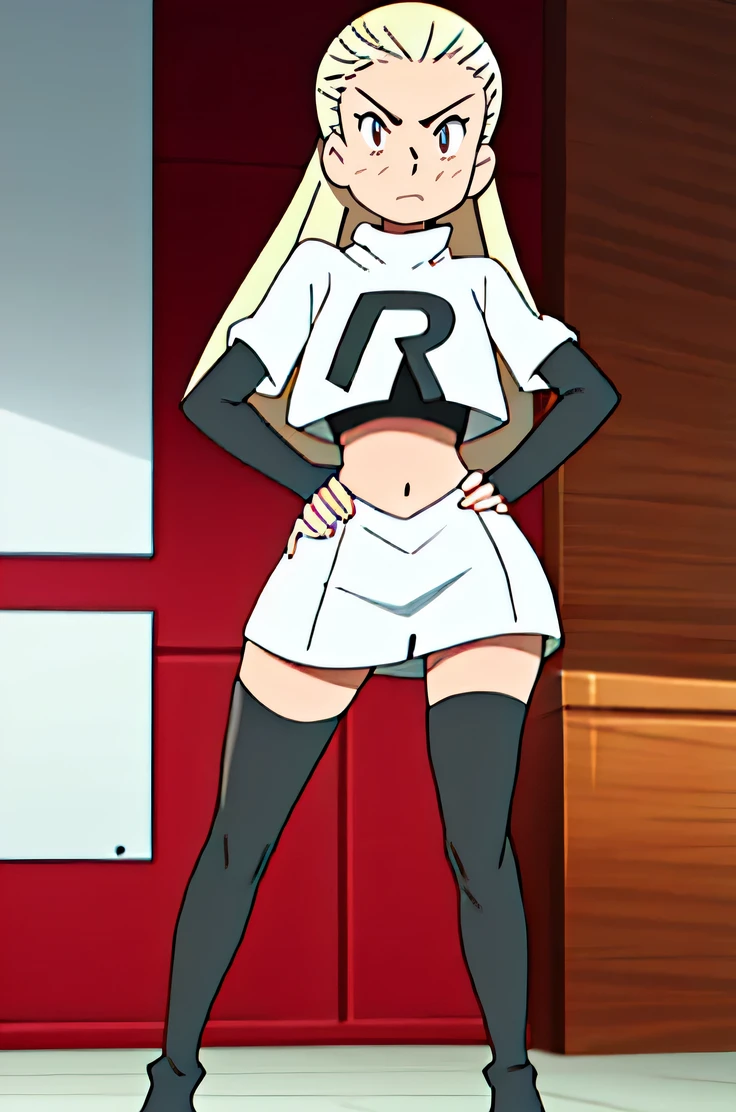 masterpiece, best quality, highres,team rocket uniform, red letter r, white skirt, white crop top, black thigh-high boots, black elbow gloves, glaring angrily, looking at viewer, hands on hips, full body seen, zettai ryouiki