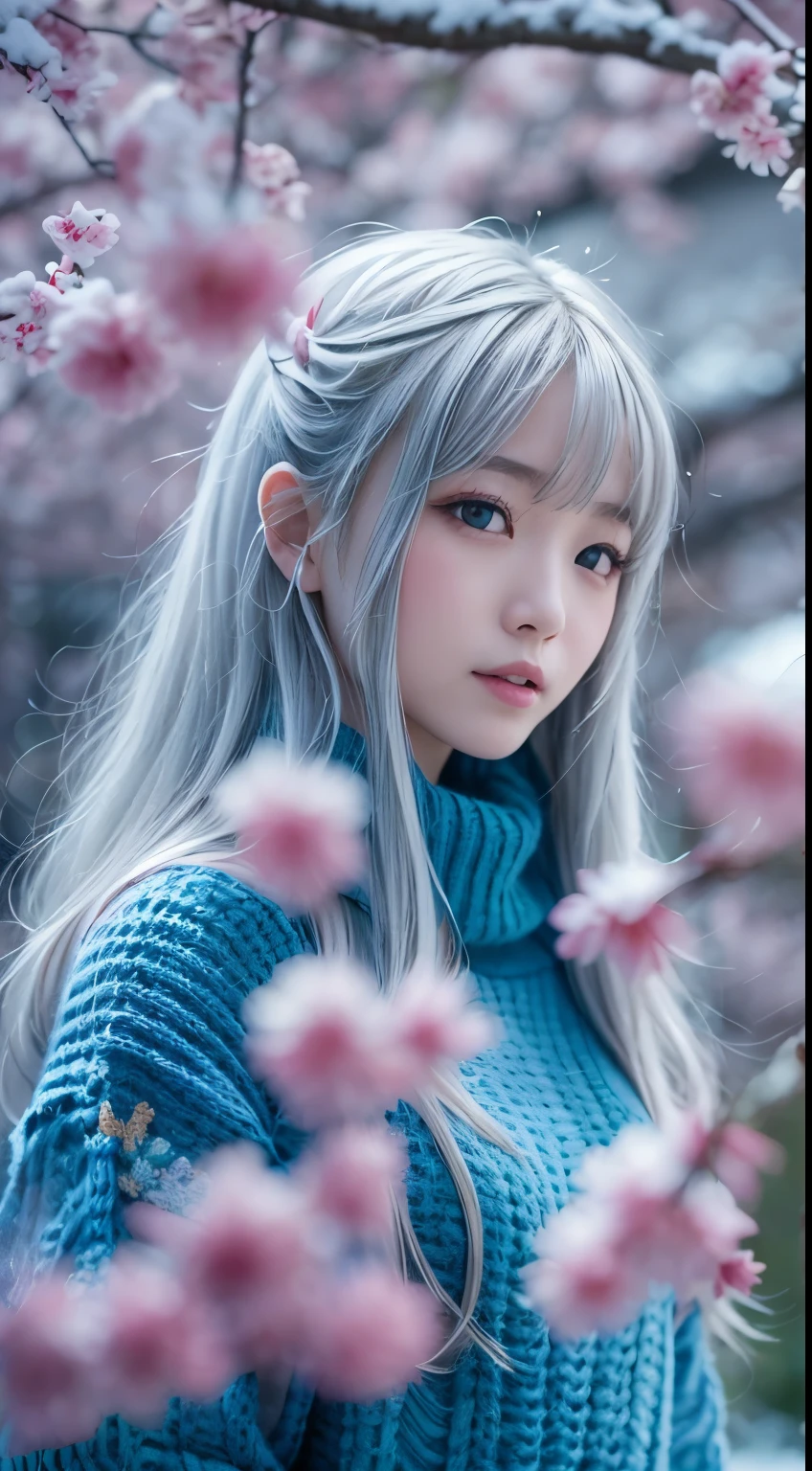 standing under the cherry tree, japanese woman,  (blue oversized knitted sweater:1.3), snowing, pupils sparkling, silver long hair, depth of field, f/1.8, anatomically correct, textured skin, super detail, high details, high quality, super detail, high details, high quality, best quality, highres