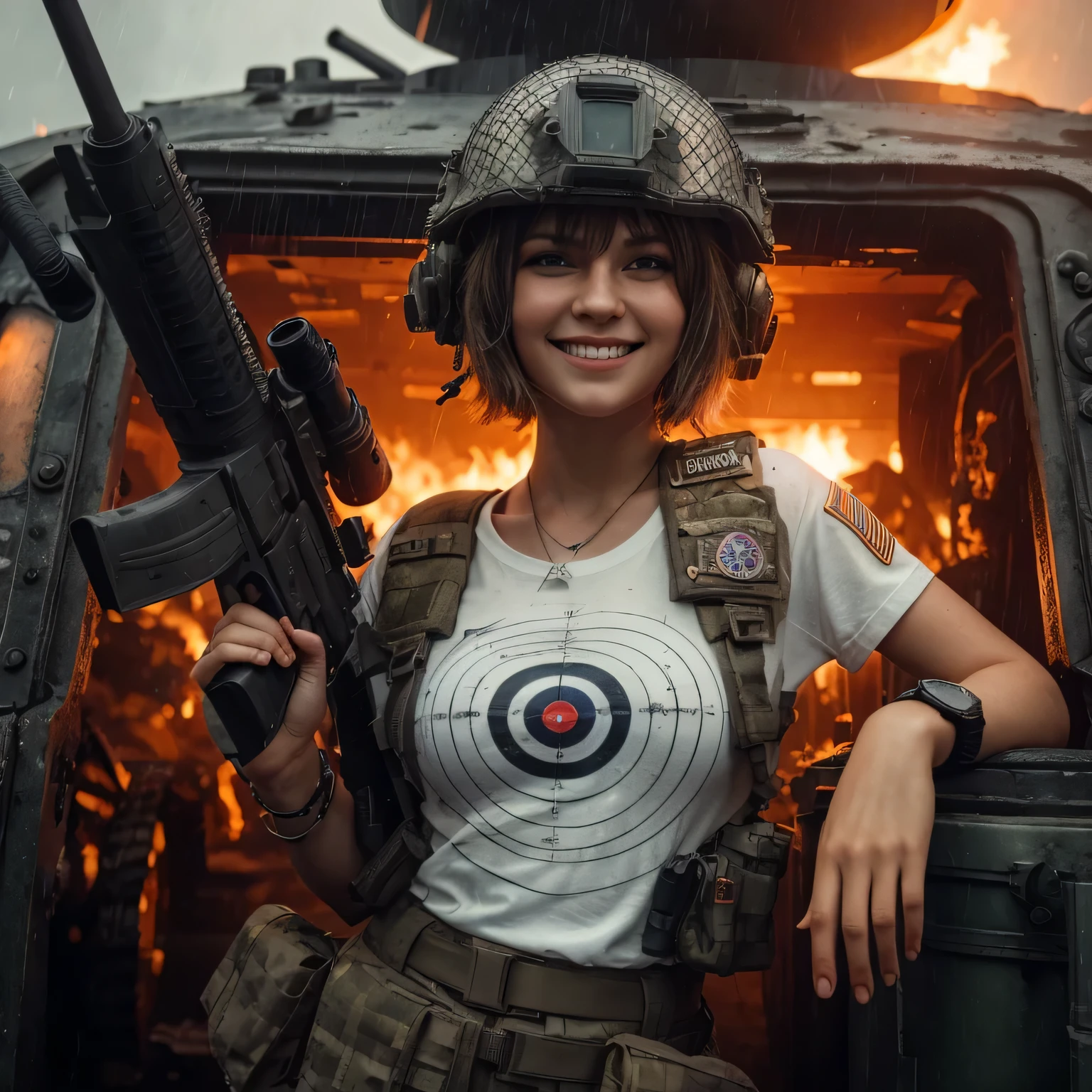 hyper realistic scenery moment detail sharp shade photography, gloomy mood dark sky, wide shoot full body of fictional character: a cold russian girl facial with no hair wearing soldier helmet full of badges, cool smile, eye winked, grin expression, band aid on cheeks, wear tight white t-shirt with target pictures, big breast, transparent nipples, wear jeans shortpants & net stockings, wear military boot, and hold a bazooka, posing outside of cabin of a modified tank, dystopia fire sparks background cinematic, --style raw --v 6.0