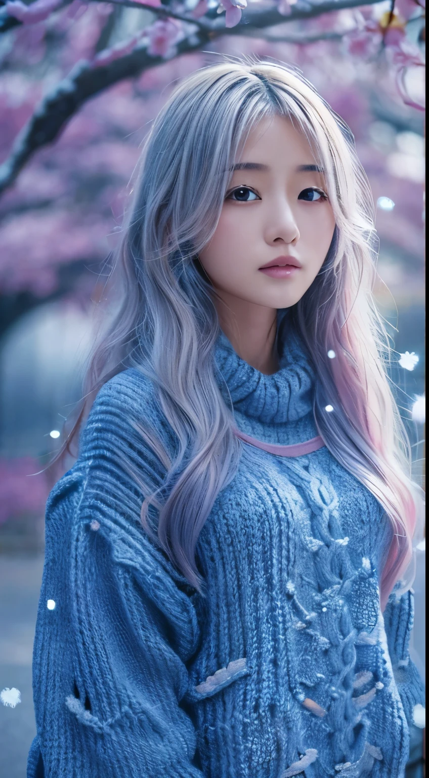 standing under the cherry tree, japanese woman, (blue oversized knitted sweater:1.3), snowing, pupils sparkling, silver long hair, depth of field, f/1.8, anatomically correct, textured skin, super detail, high details, high quality, super detail, high details, high quality, best quality, highres