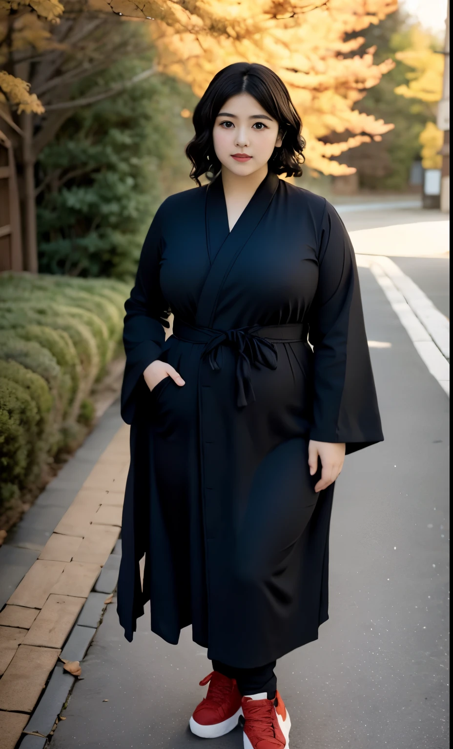 arafed woman in a black-blue dress outfit and red cardigan Stand on a sidewalk, wave medium short haircut, thicc, , korean woman, wearing black robe, asian woman, bbwchan, photograph of a techwear woman, hijab, wearing a black robe, woman in brown wood robes, random pose, wearing brown wood robe, asian women, korean girl, red sneakers, chubby cheeks. Full body, , 45 years old, thick body, beautiful thick female, wide hips, thick legs, she has a jiggly fat round belly, thick thighs, curvy hourglass figure, thicc, curvy model, widest hips, hyperrealistic full figure, bbwchan, voluptuous body, thick, , hena on arm, hena in belly, , muslim clothes, 45 years woman. , chubby cheeks, Body height 175 cm.