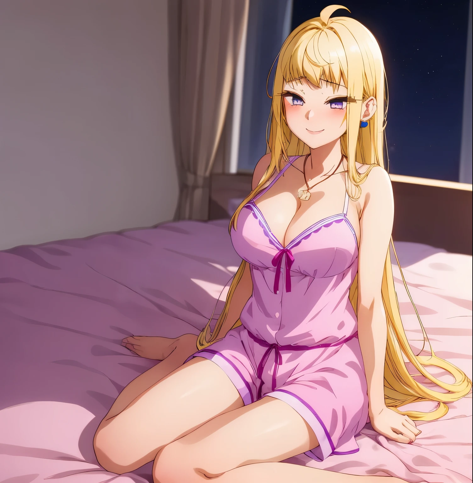 1girl, alone minami fuyuki,masterpiece,best quality,highres,ultra-detailed,bbminami,long hair,large breasts,ahoge,earrings,necklace,dress,pink dress,shirt,bare shoulders,shorts,indoors,bed,sitting,wariza,smile,(blush:1.2),medium blonde hair, purple eyes, embarrassed, seductive, makeup, big breasts, medium waist, wide hips, medium thighs, cleavage, pink lingerie, sexy posture, sitting on bed, night, good lighting