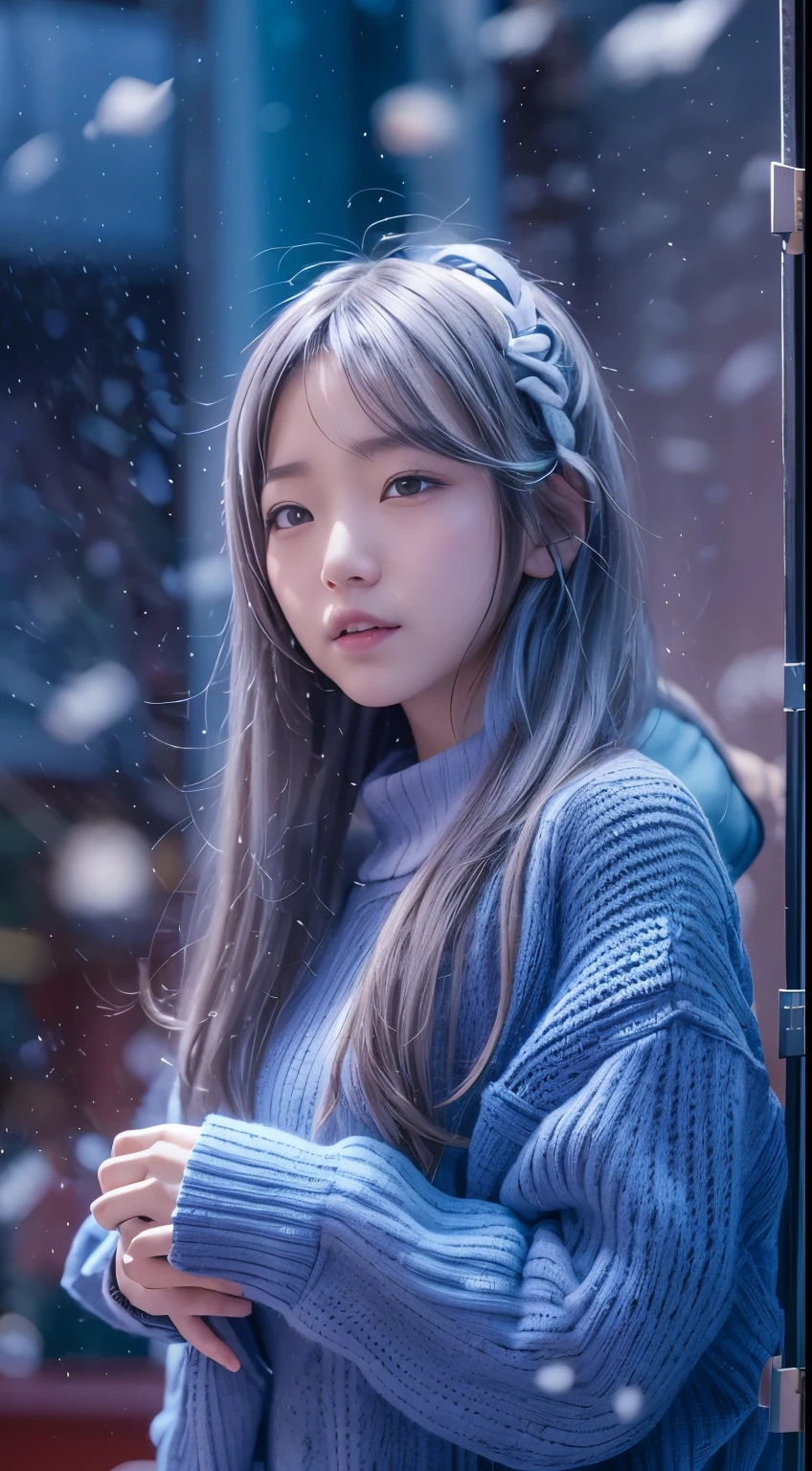 stand in front of the Christmas show window, japanese woman, (blue oversized knitted sweater:1.3), snowing, pupils sparkling, silver long hair, depth of field, f/1.8, anatomically correct, textured skin, super detail, high details, high quality, super detail, high details, high quality, best quality, highres