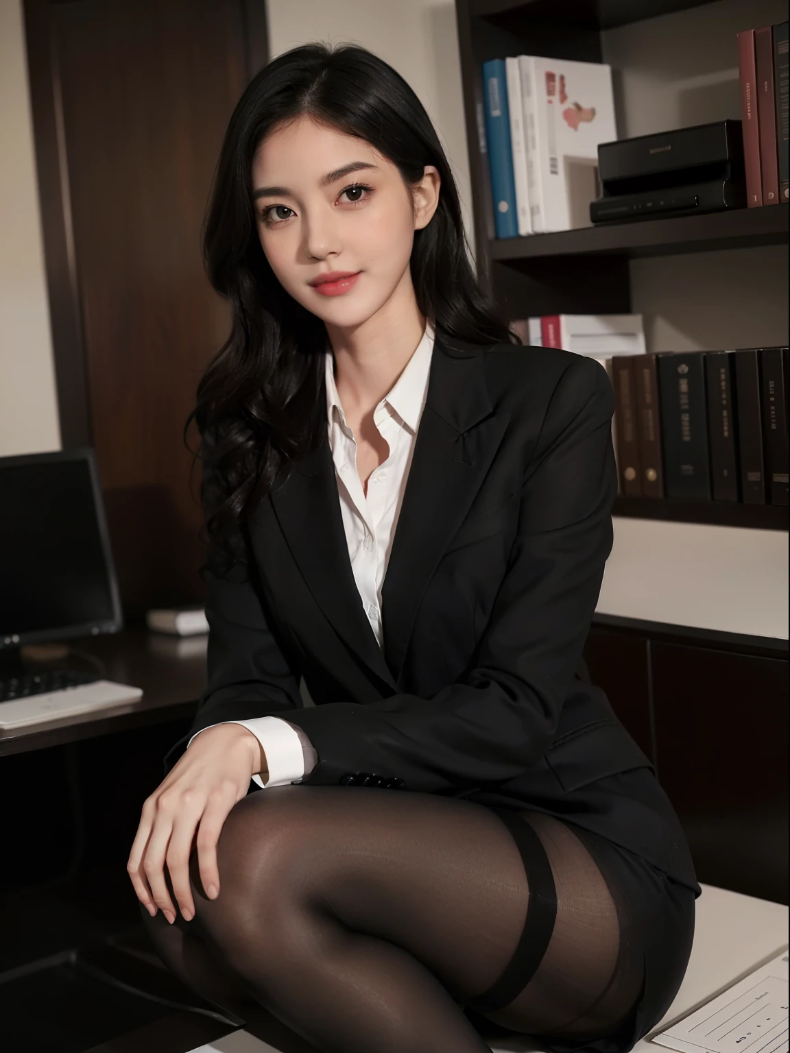 （anatomically correct:1.5)，(best quality:1.5), full body portrait, (delicate face:1.2), (pretty face:1.2), slim figure, office lady，Office wear,black coat，Collared white shirt,long black hair，(curls:1.2)，(long legs:1.2)，(black_pantyhose:1.2)，Lovely，(Smile:0.8)，(blush:1.1)