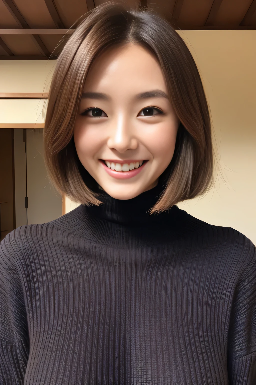 Hostess Face、turtleneck wool sweater、high quality、surreal、healthy、smile、Perfect slender figure、beauty of japan、 perfect eyes、beautiful skin、Upper body、Kyoto