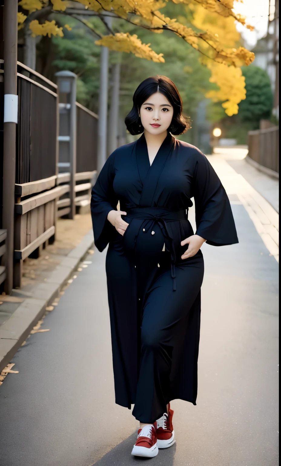 arafed woman in a black-blue dress outfit and red cardigan Stand on a sidewalk, wave medium short haircut, thicc, , korean woman, wearing black robe, asian woman, bbwchan, photograph of a techwear woman, hijab, wearing a black robe, woman in brown wood robes, random pose, wearing brown wood robe, asian women, korean girl, red sneakers, chubby cheeks. Full body, , 45 years old, thick body, beautiful thick female, wide hips, thick legs, she has a jiggly fat round belly, thick thighs, curvy hourglass figure, thicc, curvy model, widest hips, hyperrealistic full figure, bbwchan, voluptuous body, thick, , hena on arm, hena in belly, , muslim clothes, 45 years woman. , chubby cheeks, Body height 175 cm.