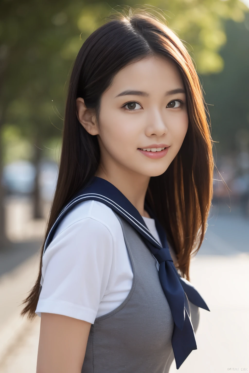 8K raw photo, Best quality, masterpiece, ultra high res, 3d, realistic, 1girl, asian, black_hair, black_sailor_collar, long_hair, nose, school_uniform, neckerchief, natural skin texture, light brown_eye, detailed eyes and face, lips, lipstick, smile, beautiful legs, enormous breasts, beautiful seaside location, (detailed background), plaid skirt, white shirt, enormous breast, blurry background, short sleeves