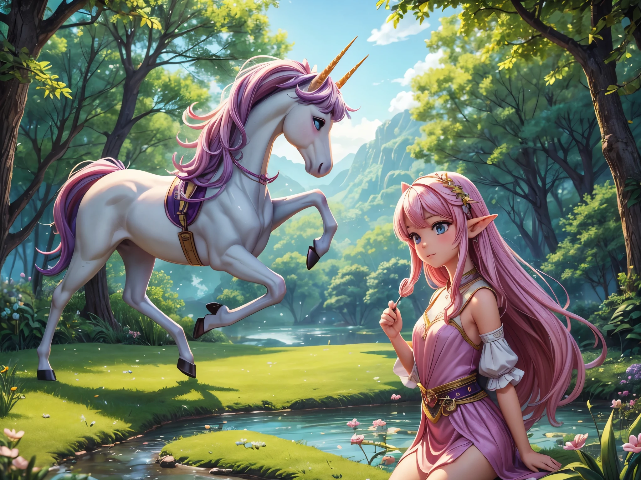 (best quality, 4k, highres, masterpiece:1.2), ultra-detailed, (realistic, photorealistic:1.37), a beautiful elf girl riding a unicorn soaring through the sky above a stunning countryside, fantasy world, a stream

**画面主体：**
A beautiful elf girl riding a unicorn soaring through the sky above a stunning countryside. The unicorn's majestic grace and the girl's ethereal beauty are the focal points of the scene, capturing the essence of fantasy and magic.

**材质：**
A vivid and dreamlike illustration that brings out the fantastical elements of the scene. Each stroke and color choice must showcase the otherworldly beauty of the girl, the unicorn, and the landscape.

**附加细节：**
The countryside below is abundant with lush greenery and vibrant flowers, creating a picturesque setting. Rays of golden sunlight pierce through the trees, casting a warm and magical glow on the girl and the unicorn. The stream meanders through the landscape, adding a sense of tranquility and serenity to the scene.

**图像质量：**
The final artwork should be of the highest quality, with a resolution of 4k or 8k, showcasing every intricate detail with pristine clarity. It should be an artistic masterpiece that evokes a sense of awe and wonder in the viewer. The colors should be vivid and the painting should have a sharp focus, allowing the viewer to fully immerse themselves in the magical world.

**艺术风格：**
The artistic style should lean towards fantasy illustrations or concept art, capturing the enchanting and whimsical nature of the scene. It should showcase the girl and the unicorn in a visually stunning way, emphasizing their otherworldly qualities.

**色彩色调：**
The color palette should be rich and vibrant, with a mix of pastel hues and bright pops of color. The overall tone should be ethereal and magical, with a touch of softness to enhance the dreamlike quality of the scene.

**灯光：**
The lighting in the scene should be warm and golden, as if bathed in the light of a setting sun. The sunlight filtering through the canopy of trees should cast beautiful dappled patterns on the ground, adding depth and dimension to the artwork.

最终生成的 prompt 如下：
(best quality,4k,highres,masterpiece:1.2),ultra-detailed,(realistic,photorealistic:1.37),a beautiful elf girl riding a unicorn soaring through the sky above a stunning countryside,fantasy world,a stream, vivid and dreamlike illustration, abundant lush greenery and vibrant flowers, rays of golden sunlight, warm and magical glow, tranquil stream, fantasy illustrations, rich and vibrant color palette, ethereal and magical tone, warm and golden lighting.