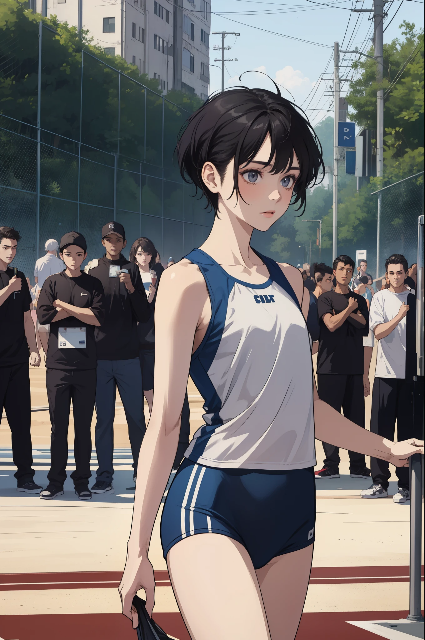 A girl, pixie hairstyle, Front View, Composition from head to thigh, slender, flat chest, One-person viewpoint, pale skin, track team, black hair, pixie haircut