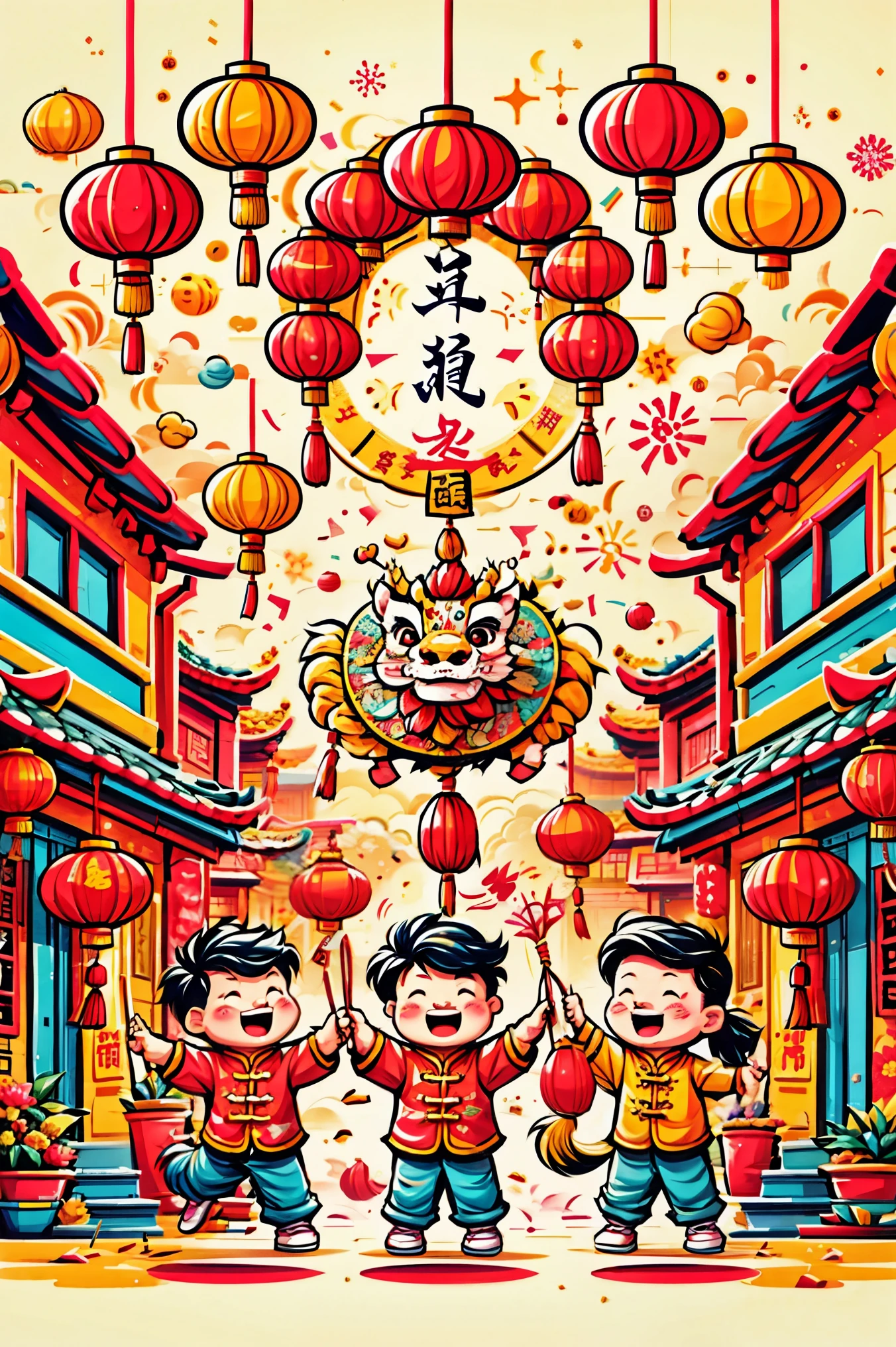 A dynamic and joyful vector-style illustration celebrating the Chinese Lunar New Year. The scene is alive with children playing happily, surrounded by fireworks, firecrackers, and a lion dance performance. The children are dressed in traditional Chinese attire, laughing and holding festive items like lanterns and red envelopes. The background is bustling with decorations typical for the Spring Festival, such as red lanterns and couplets. The atmosphere is festive and colorful, embodying the spirit of Chinese New Year with traditional and cultural elements. The setting is a busy town square with modern Chinese rural architecture