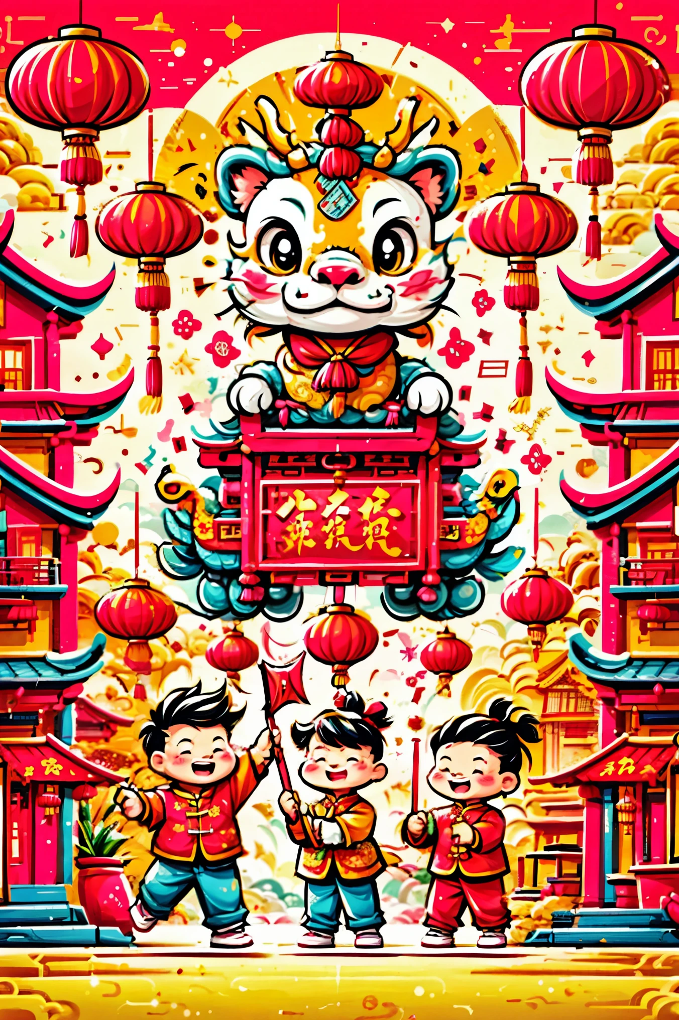 A dynamic and joyful vector-style illustration celebrating the Chinese Lunar New Year. The scene is alive with children playing happily, surrounded by fireworks, firecrackers, and a lion dance performance. The children are dressed in traditional Chinese attire, laughing and holding festive items like lanterns and red envelopes. The background is bustling with decorations typical for the Spring Festival, such as red lanterns and couplets. The atmosphere is festive and colorful, embodying the spirit of Chinese New Year with traditional and cultural elements. The setting is a busy town square with modern Chinese rural architecture