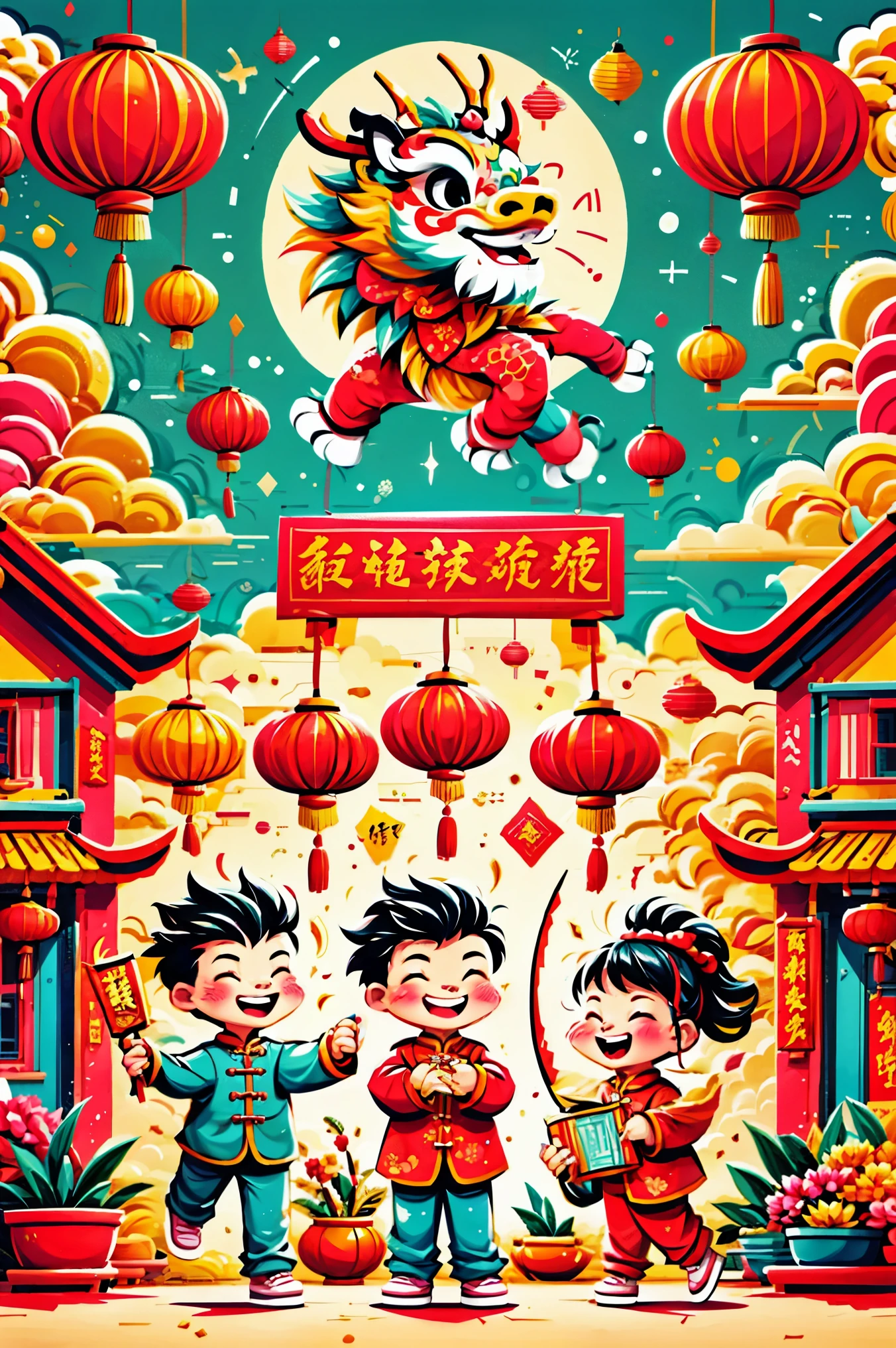 A dynamic and joyful vector-style illustration celebrating the Chinese Lunar New Year. The scene is alive with children playing happily, surrounded by fireworks, firecrackers, and a lion dance performance. The children are dressed in traditional Chinese attire, laughing and holding festive items like lanterns and red envelopes. The background is bustling with decorations typical for the Spring Festival, such as red lanterns and couplets. The atmosphere is festive and colorful, embodying the spirit of Chinese New Year with traditional and cultural elements. The setting is a busy town square with modern Chinese rural architecture