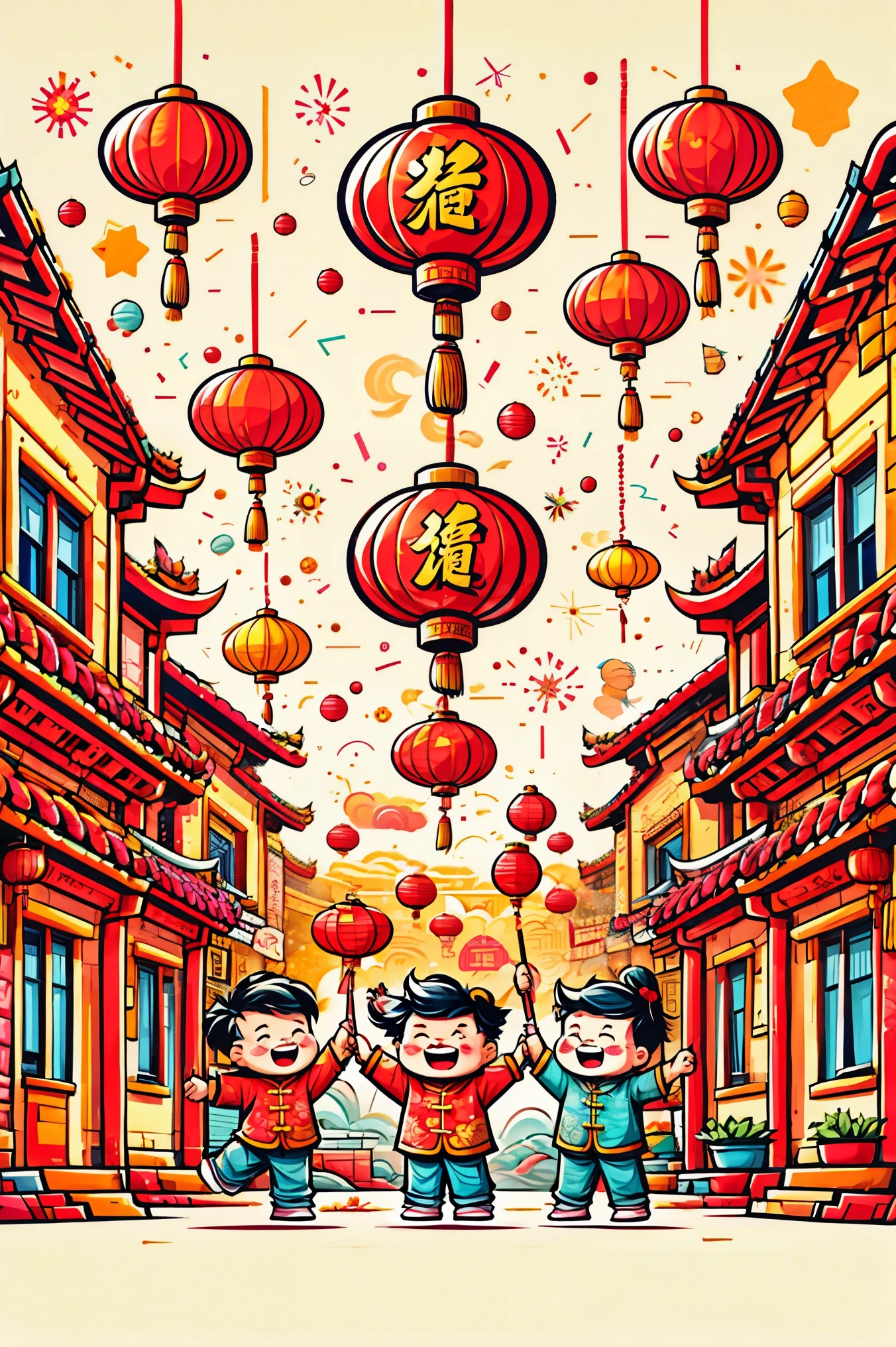 A dynamic and joyful vector-style illustration celebrating the Chinese Lunar New Year. The scene is alive with children playing happily, surrounded by fireworks, firecrackers, and a lion dance performance. The children are dressed in traditional Chinese attire, laughing and holding festive items like lanterns and red envelopes. The background is bustling with decorations typical for the Spring Festival, such as red lanterns and couplets. The atmosphere is festive and colorful, embodying the spirit of Chinese New Year with traditional and cultural elements. The setting is a busy town square with modern Chinese rural architecture