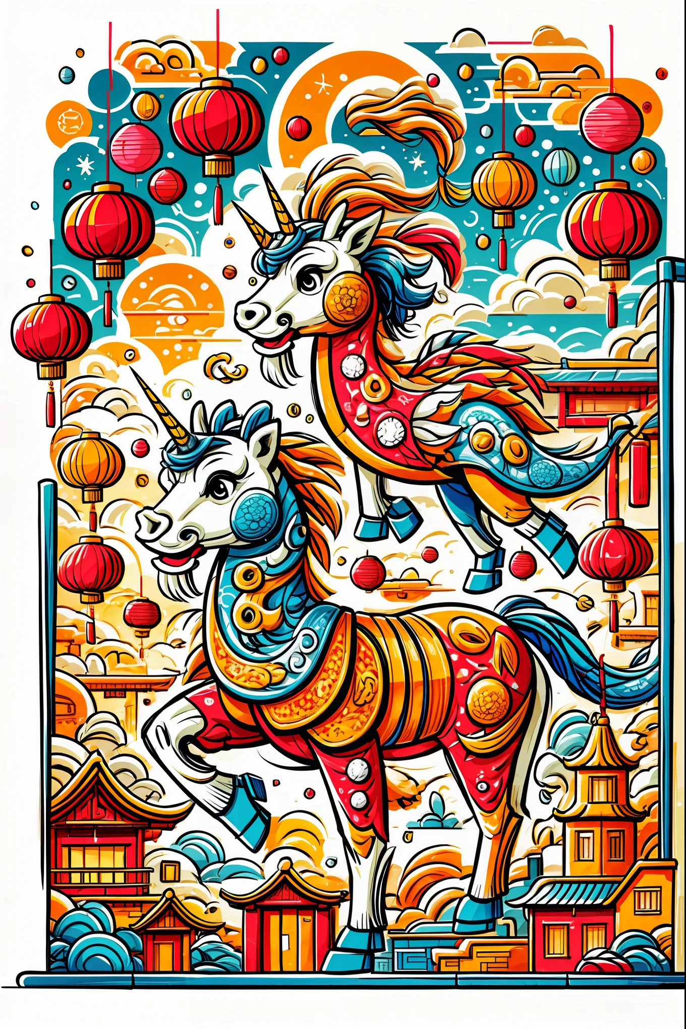 Professional t-shirt design vector, truly impressive, 8k, ultra high definition, Cute style illustration of the legendary unicorn, Wearing traditional New Year&#39;s clothing, Including Chinese officials’ hats, Vincent van Gogh《starry night》style of. Cute unicorn bowing with red envelope. The festive background incorporates Chinese New Year elements such as fireworks, firecracker, and spring couplets. Images should blend with rotation, 活泼可爱的“starry night”风格, whimsical aesthetic.