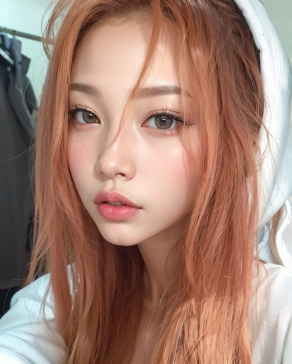 mulher arafada com longos cabelos ruivos e um moletom com capuz, Ulzzang, maquiagem sul-coreana popular, parque roseanne de blackpink, Lalisa Manobal, ela tem cabelo longo redoranjado, maquiagem coreana popular, jossi do blackpink, jennie blackpink, coreana, sakimichan, estacionar a partir de-min, com rosto redondo, Heonhwa Choe