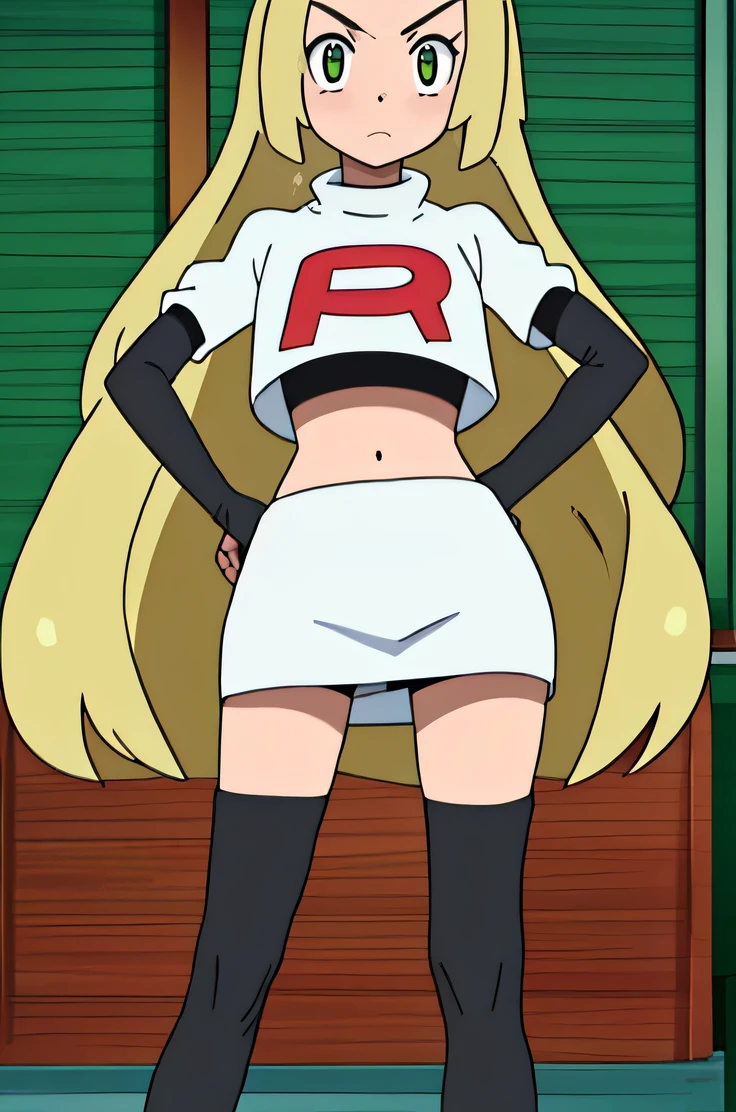 masterpiece, best quality, highres,team rocket uniform, red letter r, white skirt, white crop top, black thigh-high boots, black elbow gloves, glaring angrily, looking at viewer, hands on hips, full body seen, zettai ryouiki