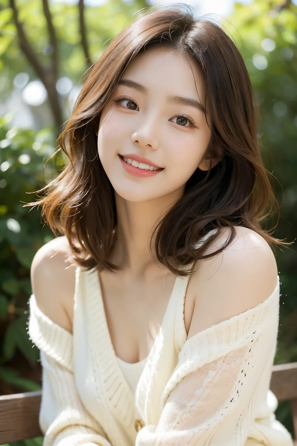 A pure and sweet Korean girl, her skin is flawless and white, her eyes are captivating and deep, her face is exquisitely beautiful. Her lips curve into a charming smile, revealing a delightful grin. Her brown hair is naturally curly and soft, cascading over her shoulders. She wears a white sweater with a cut-out design, revealing a hint of her chest, adding to her allure. The bright sunshine illuminates her, bathing her in a golden glow. The background is柔和自然, blending her into nature. This is a vibrant and warm portrait.