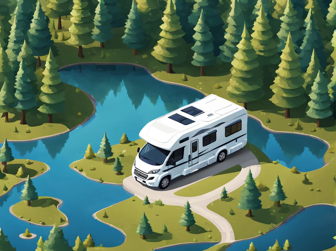 isometric view, 1 elegant motorhome, campervan, cartoon style, the background is a lake and a forest, minimalistic, simple scene, isometric, 2D, high resolution, high quality