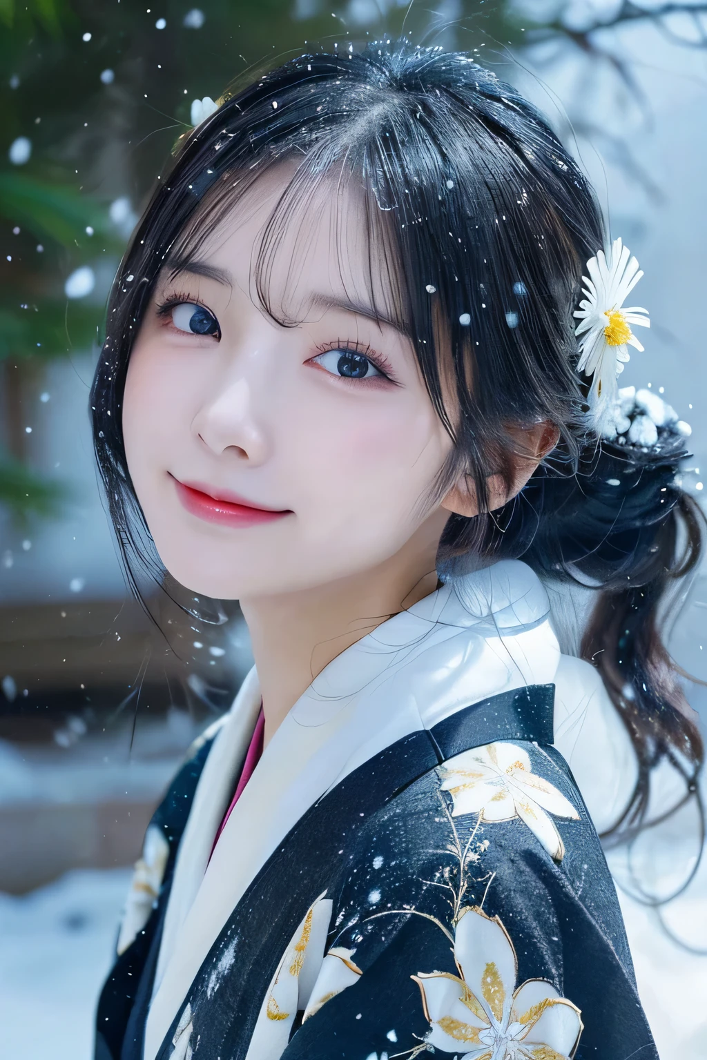 (kimono)、、(highest quality,masterpiece:1.3,ultra high resolution,),(Super detailed,caustics),(Photoreal:1.4,RAW shooting,)ultra-realistic capture,very detailed,High resolution 16K resolution perfect for human skin、 natural skin texture、、Skin tone looks even and healthy、 Use natural light and color,one woman,Japanese,,cute,black haired,middle hair,(written boundary depth、chromatic aberration、、wide range of lighting、natural shading、)、、(falling snow:1.2)、(hair swaying in the wind:1.2)、(Snow reflects light:1.2)、Backlight、mouth is slightly open、surprised expression、happy expression、facing the front