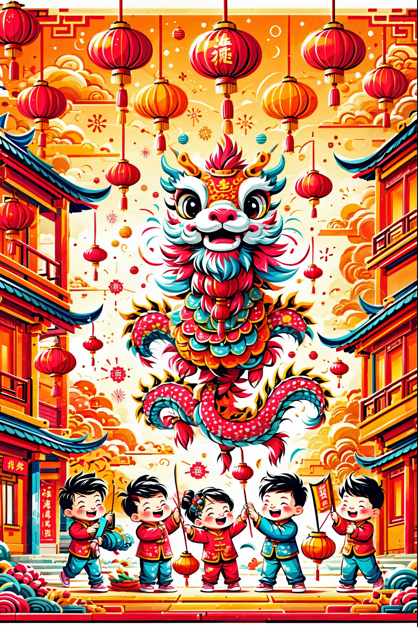 A dynamic and joyful vector-style illustration celebrating the Chinese Lunar New Year. The scene is alive with children playing happily, surrounded by fireworks, firecrackers, and a lion dance performance. The children are dressed in traditional Chinese attire, laughing and holding festive items like lanterns and red envelopes. The background is bustling with decorations typical for the Spring Festival, such as red lanterns and couplets. The atmosphere is festive and colorful, embodying the spirit of Chinese New Year with traditional and cultural elements. The setting is a busy town square with modern Chinese rural architecture